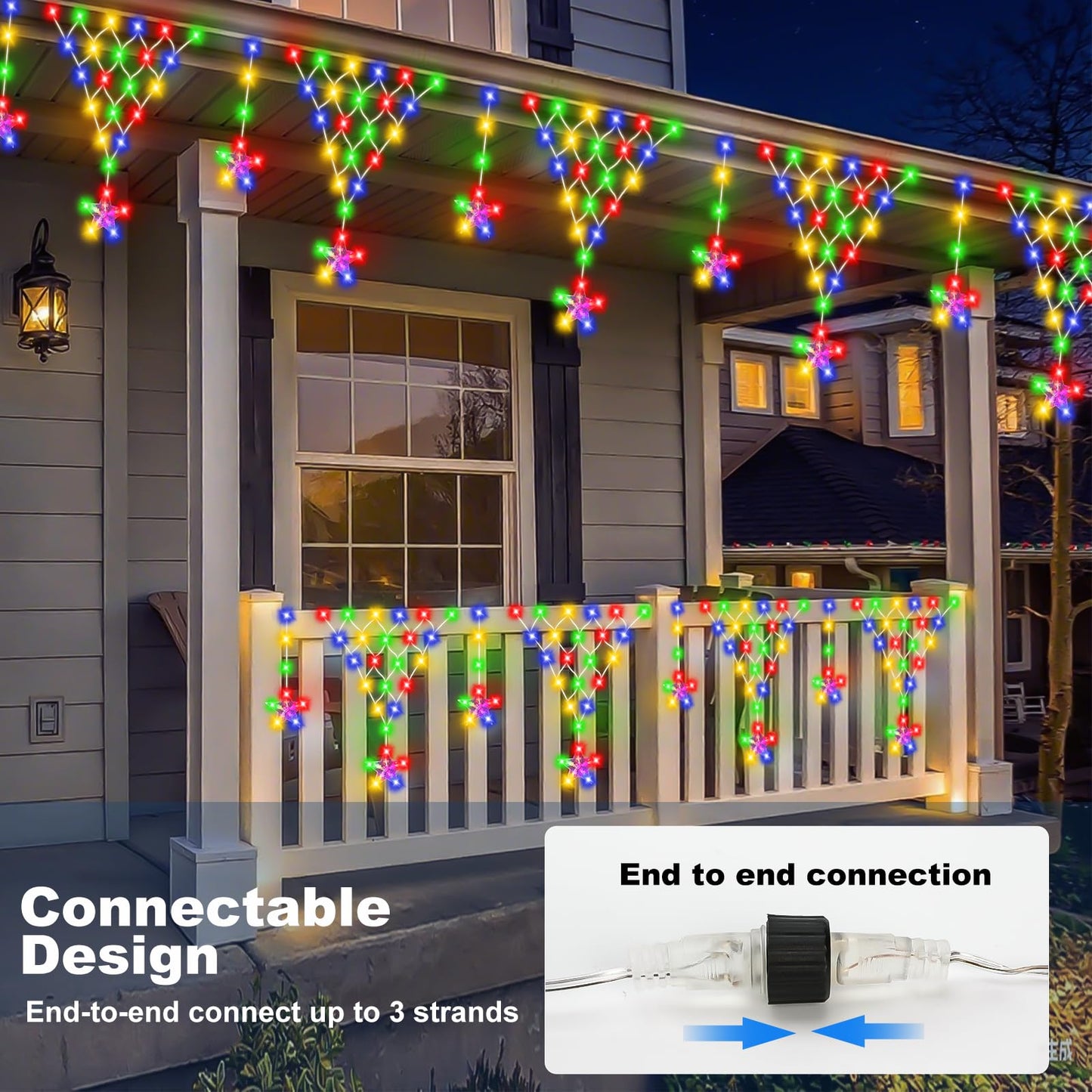 Ramadan Outdoor String Lights Waterproof, 218 LED 13.8FT Star Curtain Fairy Lights with 12 Drops Connectable Clear Wire Christmas Light Decorations 8 Modes for Eaves Yard Wedding Party Holiday Decor
