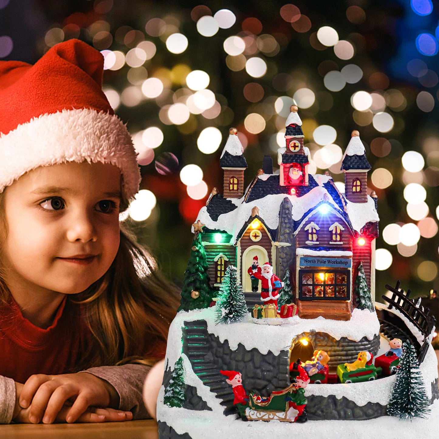 Vipush Christmas Village House Decorations Resin Little Train Home Decor Indoor Building Figurines Revolving Train with LED Light and 8 Christmas Music for Kids
