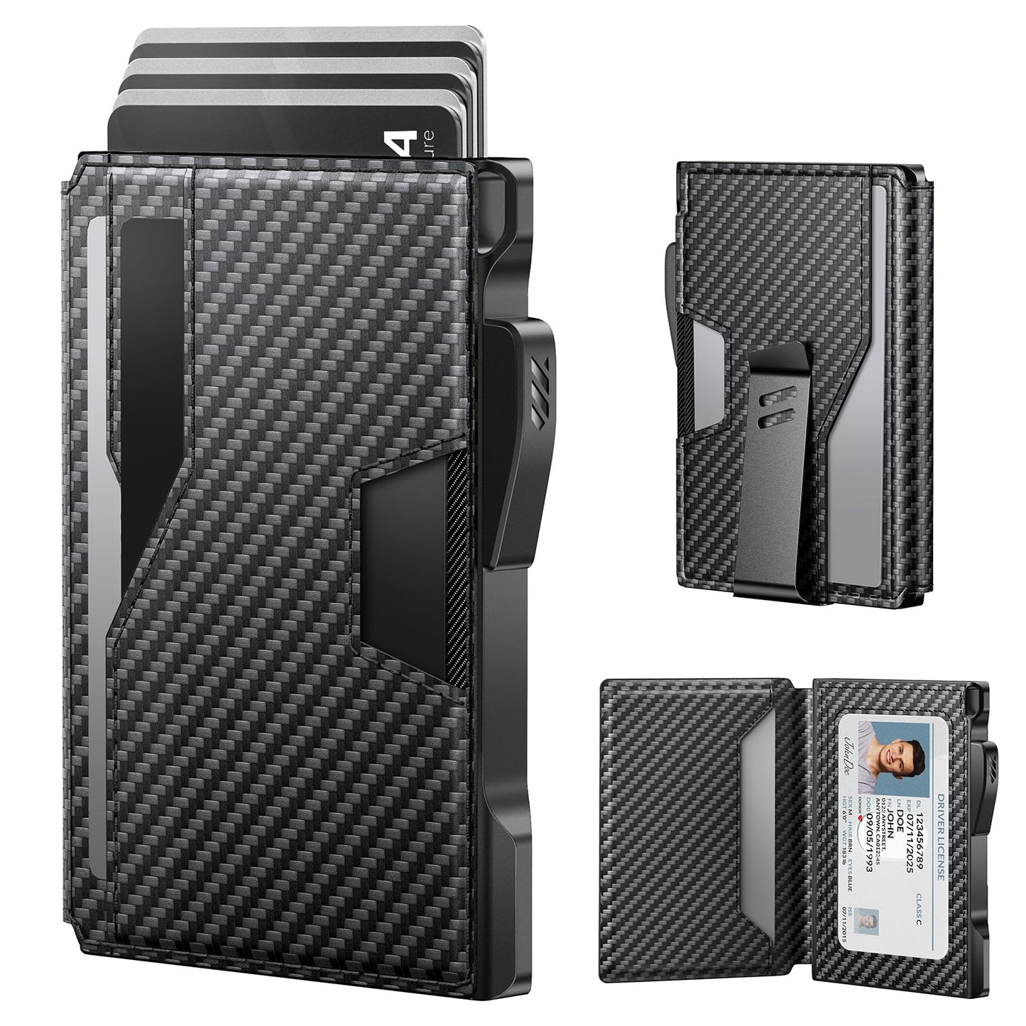 typecase Wallet for Men: Rfid-blocking with Money Clip Slim Leather Bifold Wallet ID Window Smart Pop Up Card Case Hold 9-13 Cards Front Pocket Wallet with Gift Box (Carbon Fiber Black)