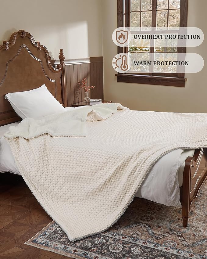 CAROMIO Heated Blanket King Size with LCD Dual Controller, Waffle Weave Fast Heating Electric Blankets, 10 Heat Levels & 1-12H Time Settings, ETL Certified, Machine Washable, Beige, 100" x 90"