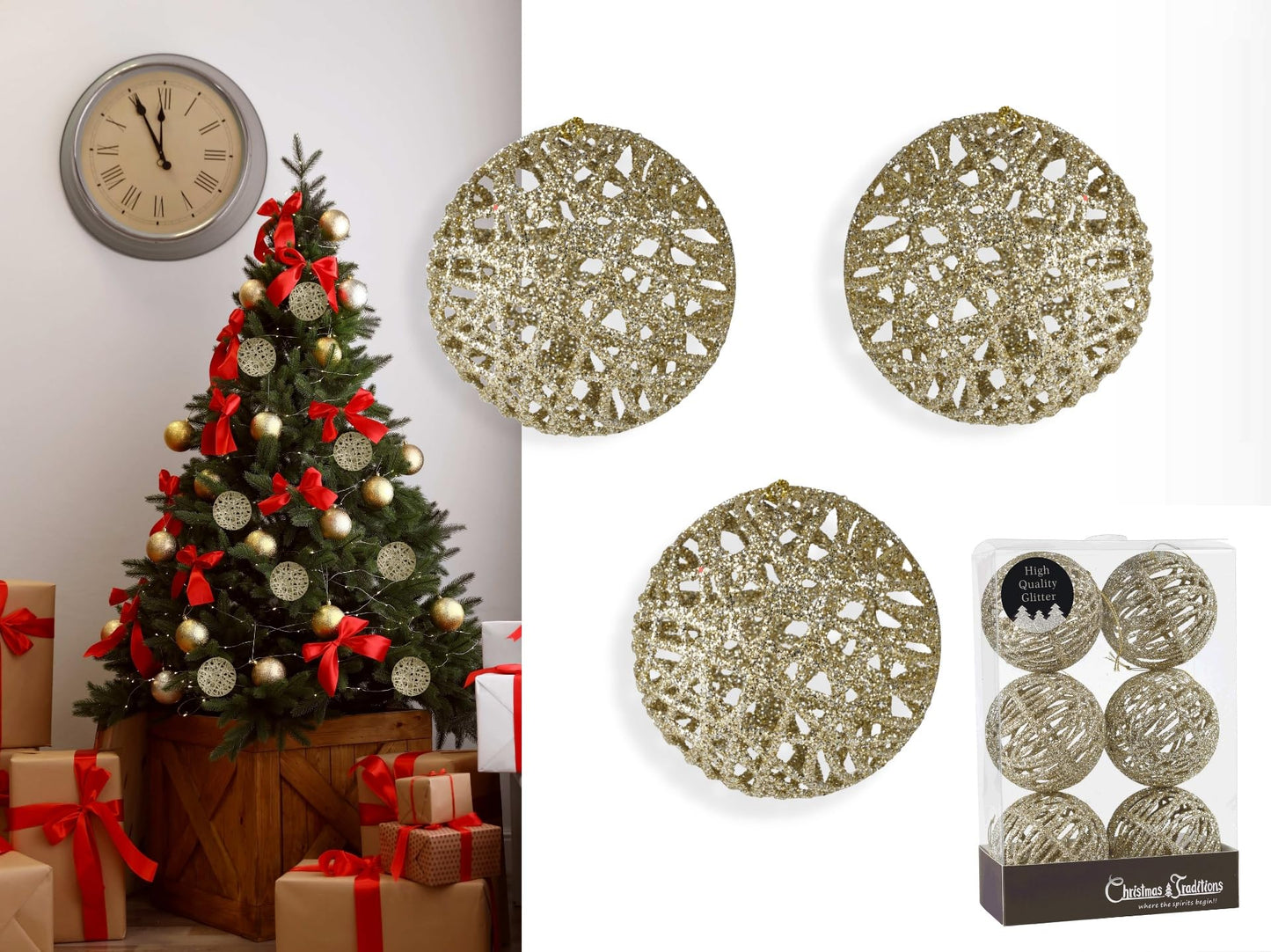 Christmas Traditions 4 inch Champagne Gold Glittered Rattan Ball Ornaments Hanging Tree Decorations (Set of 6) (Champagne Gold)