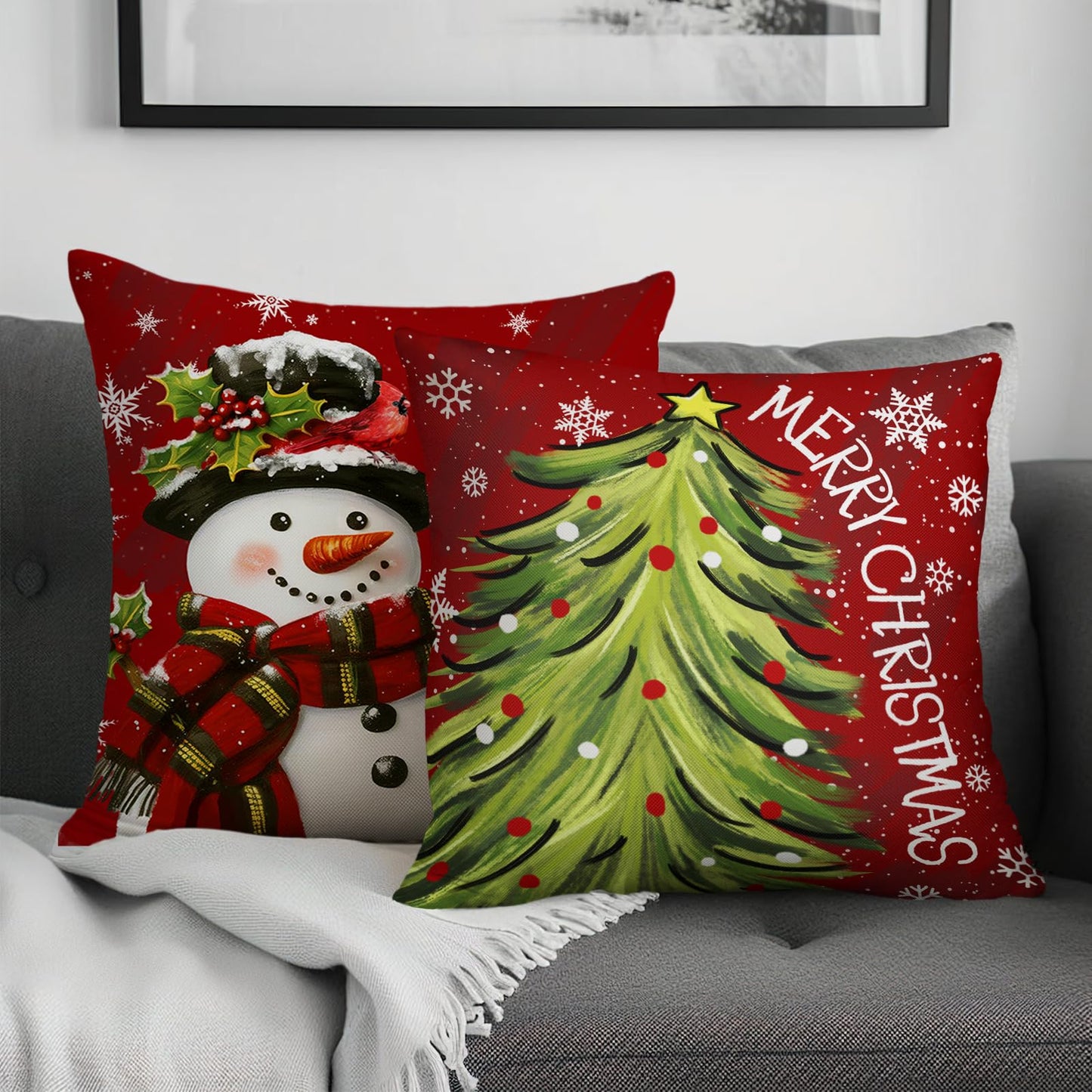 Cryfox Xmas Snowman Pillow Covers 18x18 Pillow Cases Winter Christmas Tree Pillow Cover Set of 2 Holiday Cushion Case Xmas Decoration for Couch Bed Sofa