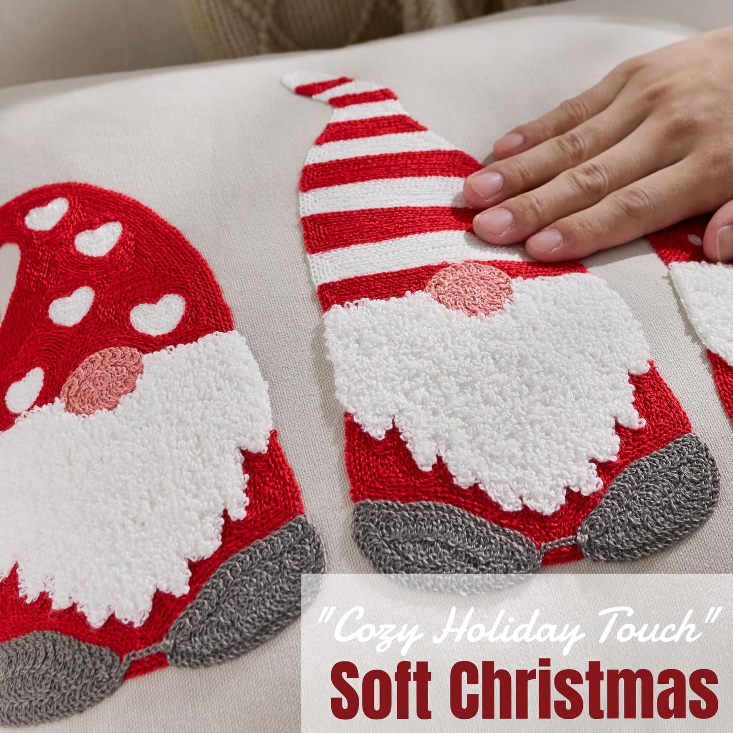 Farmhouse Christmas Pillow Covers 18x18 Set of 2, Xmas Embroidered Throw Cushion Cases with Festive Patterns for Rustic Home Holiday Decor (Gnome Trio Light Grey, 18" x 18" (Pack of 2))