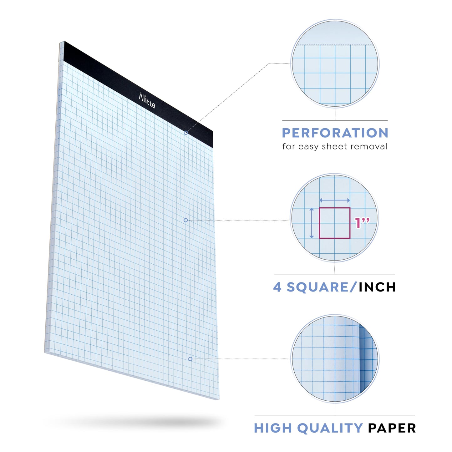 Alitte Graph Paper Pad, Pack of 3, White Letter Size - 4x4 Quad Grid Paper, With Blue Lines - Easy-Tear Perforations, 11x8.5 Cardboard Backing - Graph Notepads for School, Office -50 Sheets per Pad