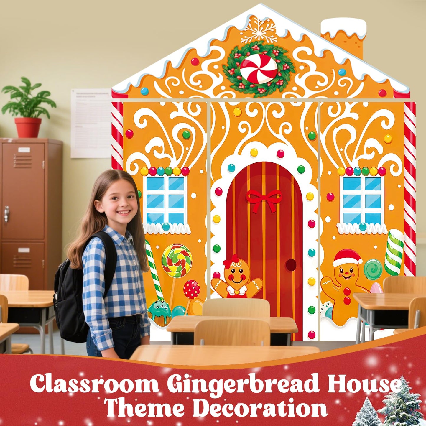 4Pcs Christmas Gingerbread Door Cover Decorations,Gingerbread House Candy Porch Banner Sign for Xmas Holiday Classroom Office Home Party Decor