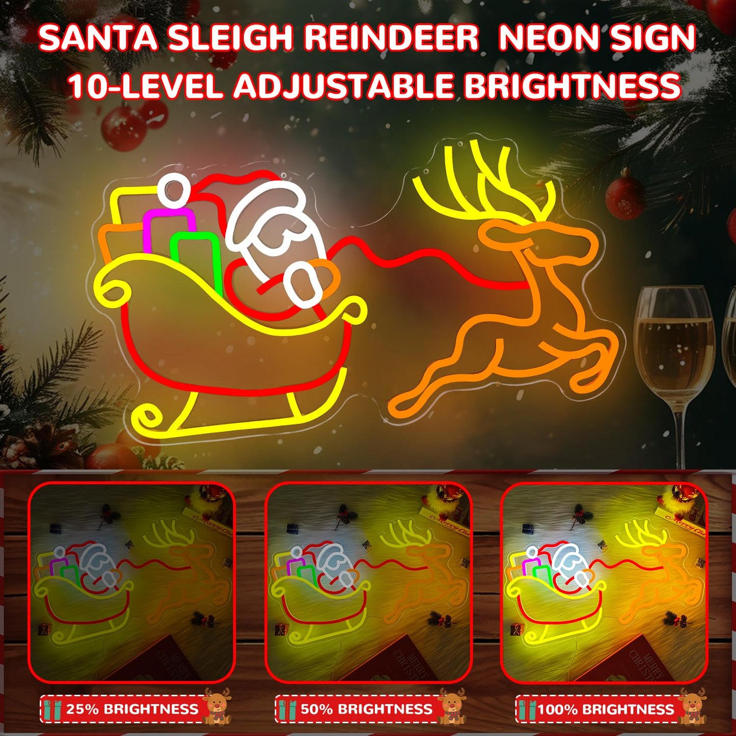 hhuohuona Large Santa With Sleigh and Reindeer Neon Sign Dimmable Neon Christmas Sign Lighted Reindeer Sleigh Santa Led Signs for Wall Xmas Decorations (21.18 * 11.61 In)