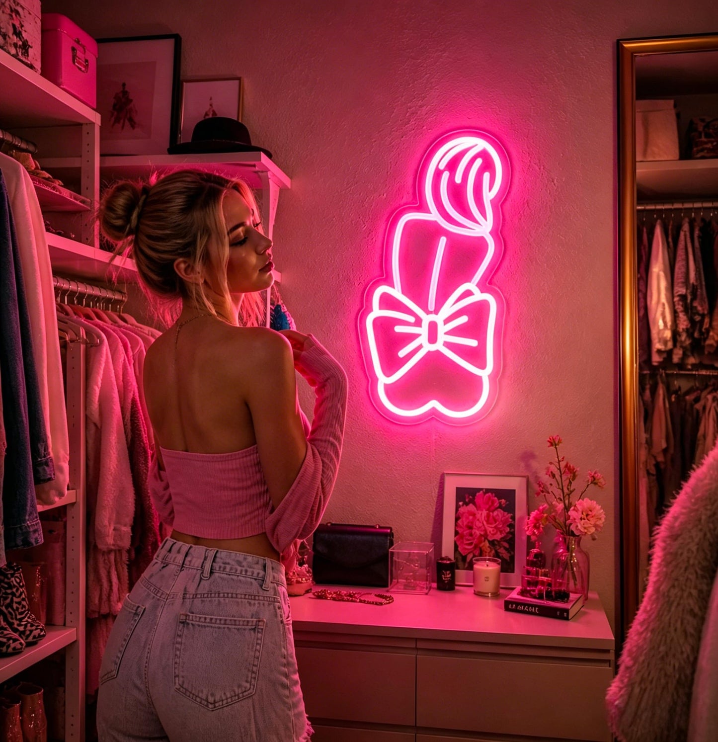 Gdbkabf Bow Lady Neon Sign, Neon Signs for Wall Decor Neon Pink LED Signs Room Neon Light Up Signs Home Decor for Bedroom Club Party Bar Shop USB Operated