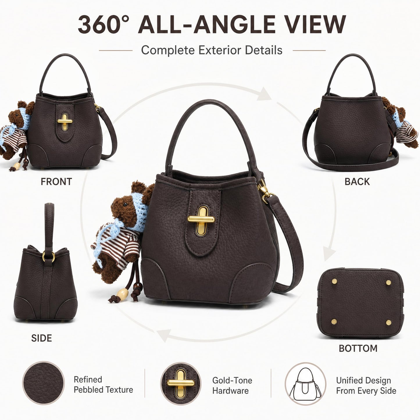 COC.EFRENAR Women's Mini Top Handle Bag, Vegan Leather Crossbody Shoulder Purse with Cute Bear Charm & Scarf, Small Bucket Handbag with Adjustable Strap