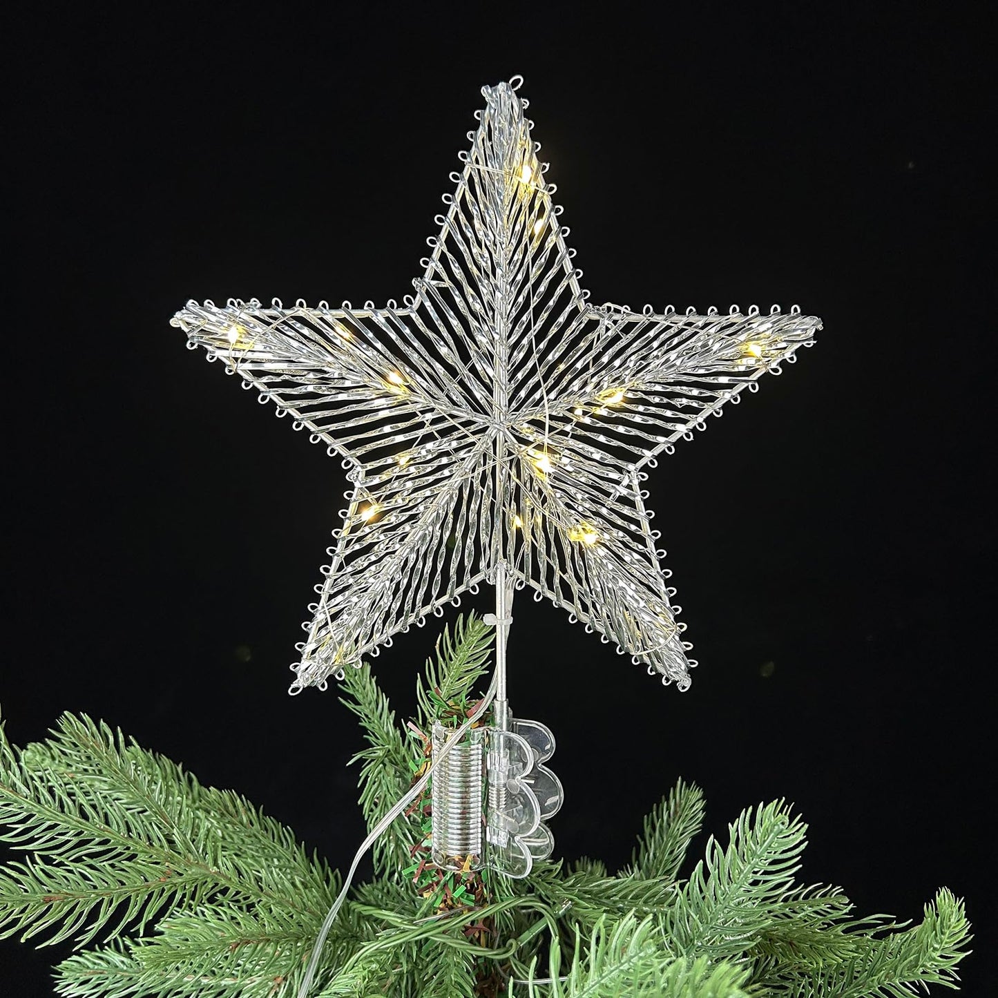 ZZZ TYLOO 11 Inch Silver Star Christmas Tree Topper, 15 LED Lighted, Metal Frame with Hand-Woven Shiny Silver PVC, Clip-On Base, Xmas Star Tree Decoration for Home