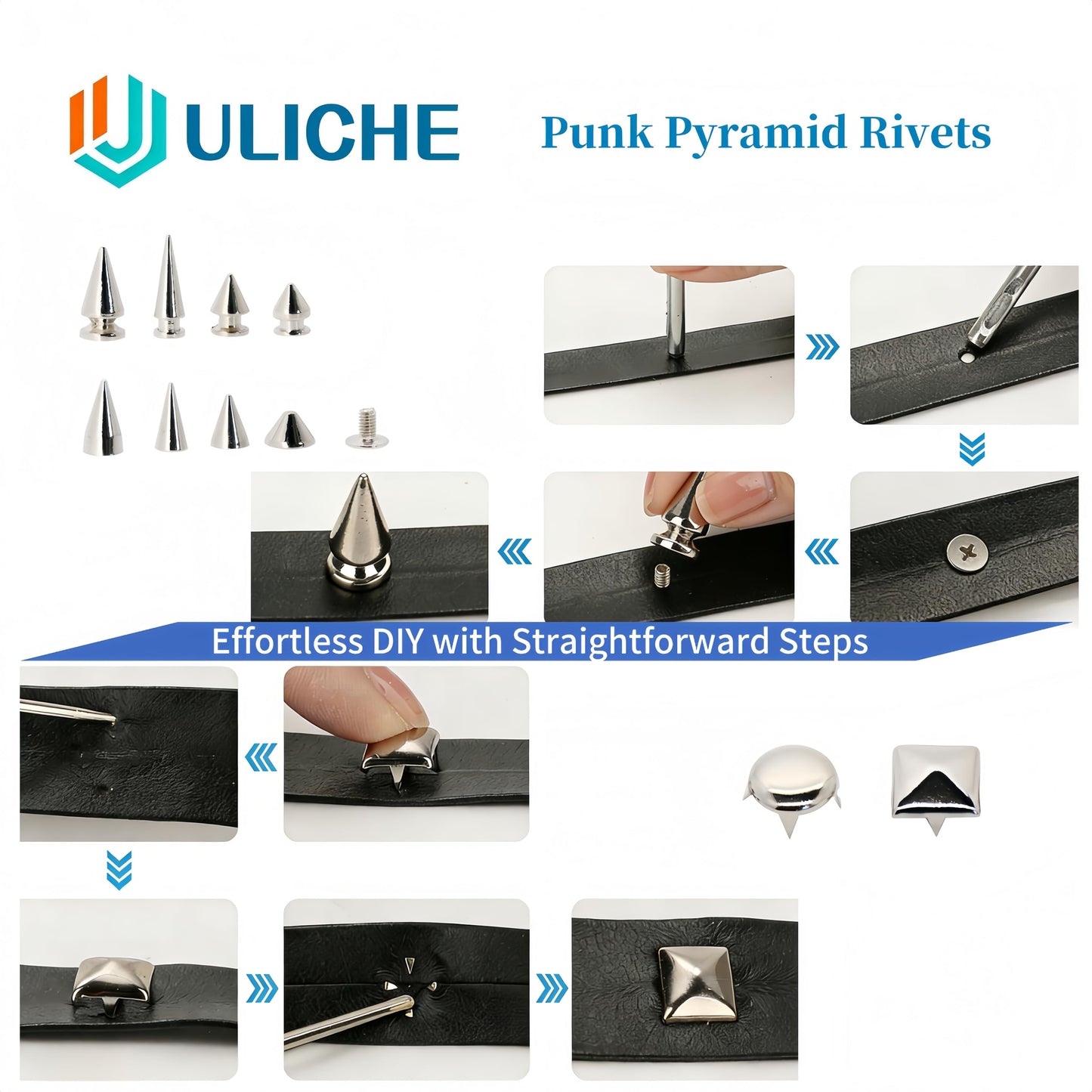 Uliche 559 Pcs Punk Studs and Spikes Kit，8 Sizes Cone Spikes,Square Pyramid&Circular Rivet,Metal Tree Spikes Studs for Clothing and Leathercraft Accessories DIY Craft Decoration,Wristband Included