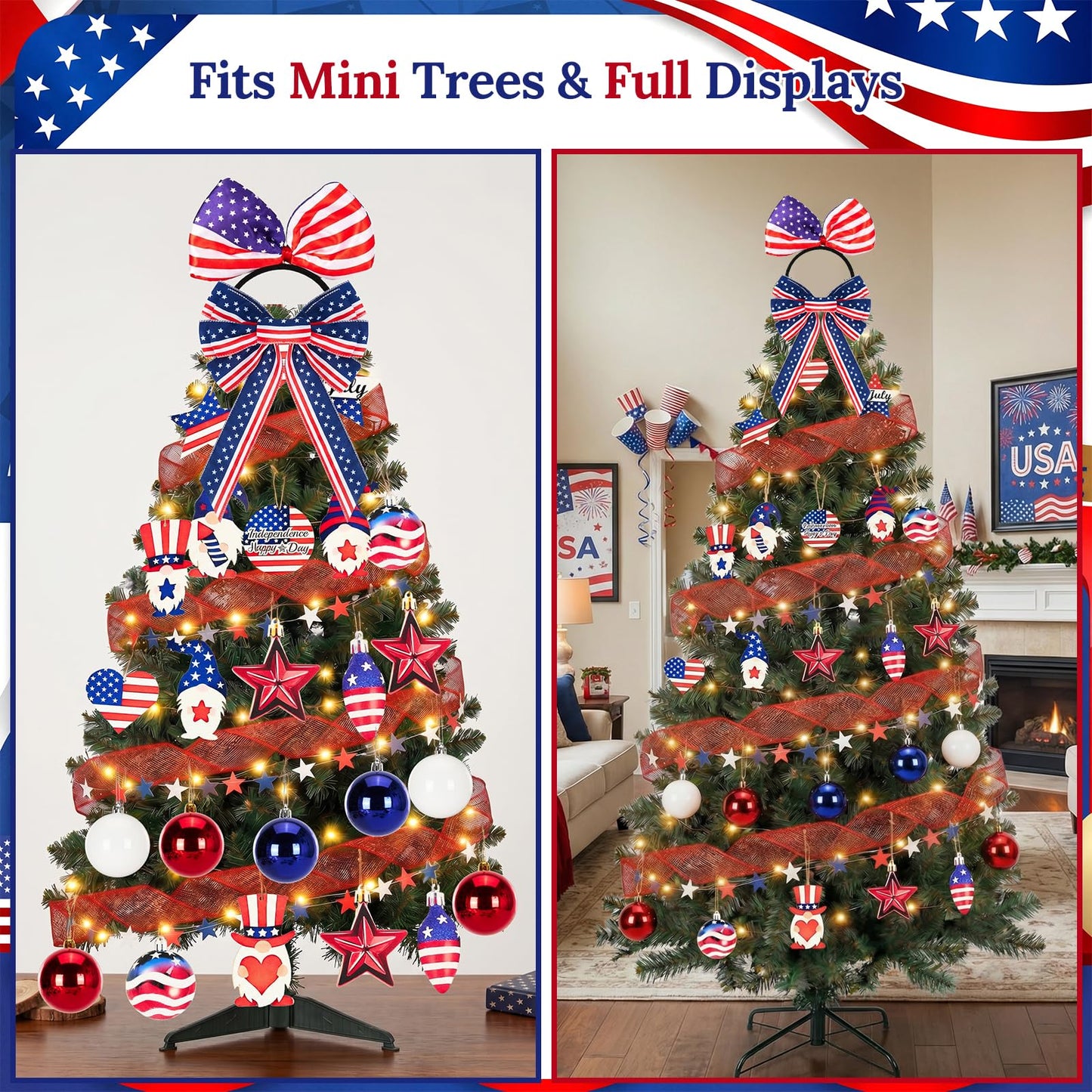 4th of July Christmas Tree Decorations Set with LED Light - Patriotic Red White and Blue Hanging Ornaments, Star Garland & Wreath Bow Tree Topper for Independence National Memorial Day Party