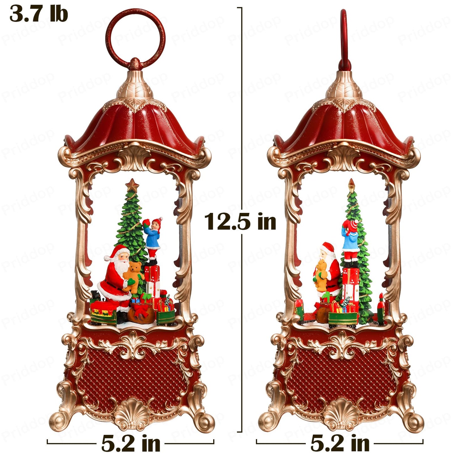 Priddop Santa Snow Globe Christmas Decorations Indoor Christmas Tree Gifts for Child Classic Relief Texture Musical Glitter Snowfall USB/Battery Timer Lantern 12.5 inch