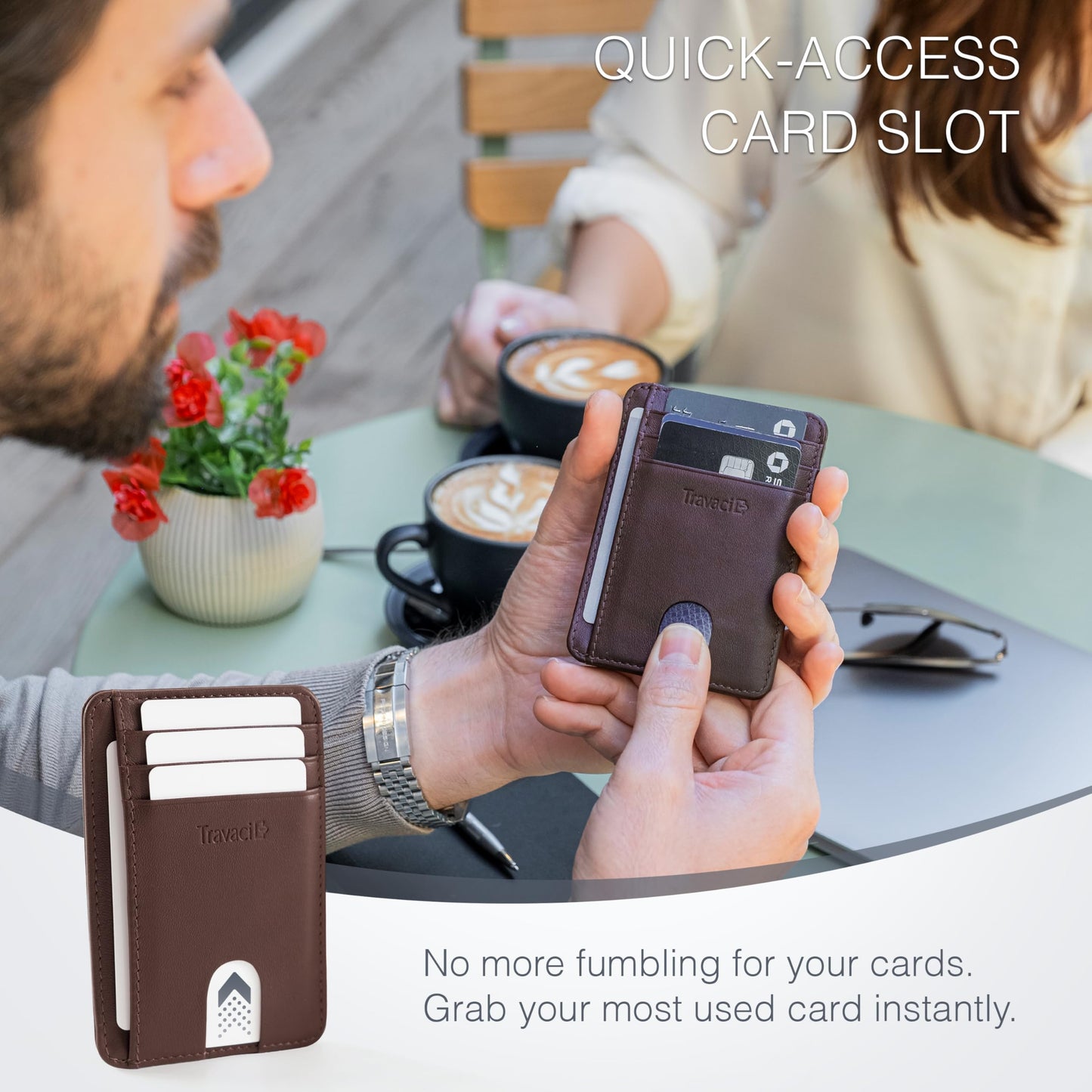 Travaci Full Grain Leather Slim Wallet for Men and Women - Small Minimalist Wallet and Leather Card Holder - Thin Front Pocket Credit Card Holder - Dark Brown