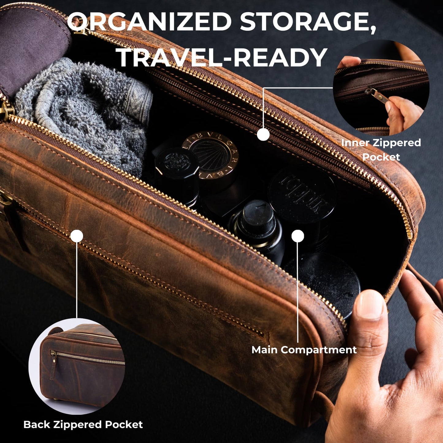 King Size Premium Leather Travel Toiletry Bag for Men and Women - Water-Resistant Dopp Kit - Mens Bathroom Bag, Shaving & Cosmetic Organizer - Toiletry Bag, Travel Bag Leather, Unisex Use
