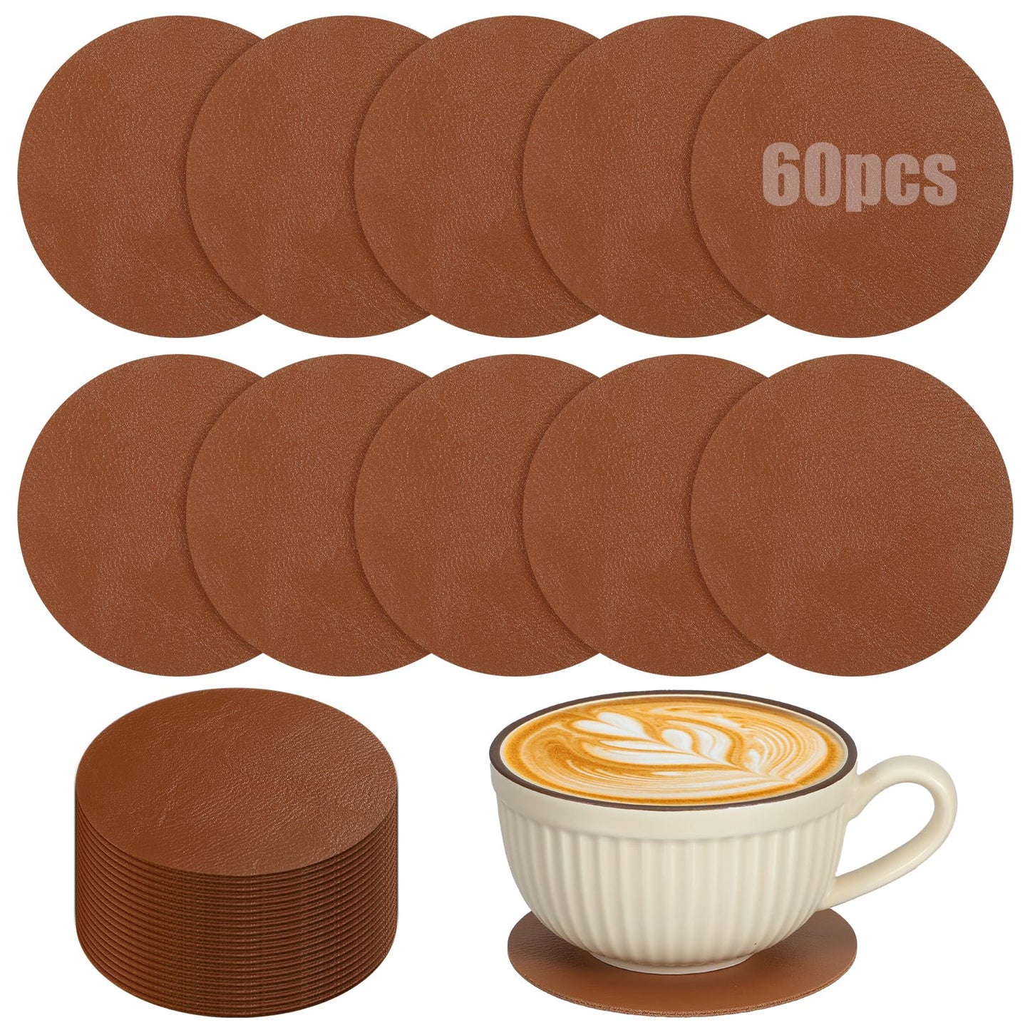 Oqqlin 60 Pcs PU Leather Coasters, 4 Inch Round Leather Coasters 10 mm Thickness Brown Drink Coaster for Home, Coffee, Tabletop Protection, Home Decoration