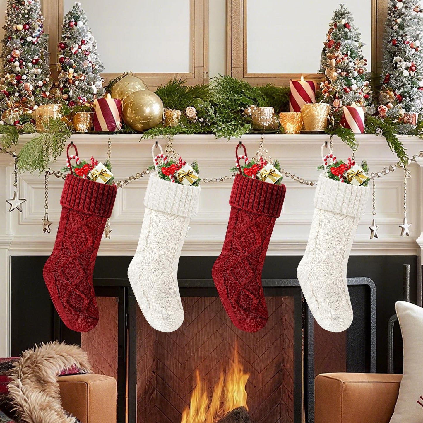 Doitory Christmas Stockings 18 Inches,Long Knitted Socks Christmas Decoration Hanging Stocking Fireplace Xmas Tree Stocking for Home Family（2red+2white）