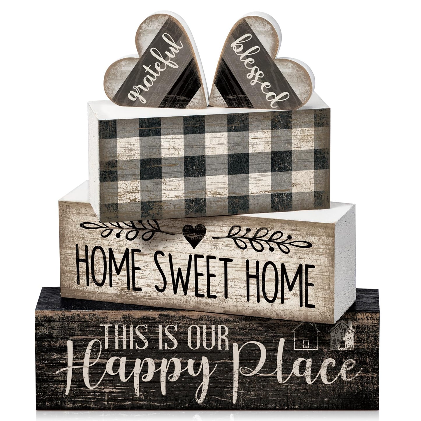 Moucuny 4 Pcs Farmhouse Kitchen Decor Black and White Farmhouse Tiered Tray Decor Home Sweet Home Centerpiece Wooden Heart Rustic Valentines Day Block Sign for Kitchen Shelf Valentines Gift Decoration