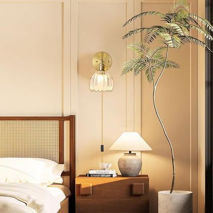 Plug in Wall Sconce, Vintage Sconce Light with Tulip Transparent Glass Lampshade, 180° Adjustable Wall Sconce with Switch and Plug in Wall Lamp Cord, Gold Wall Light for Bedroom Bedside