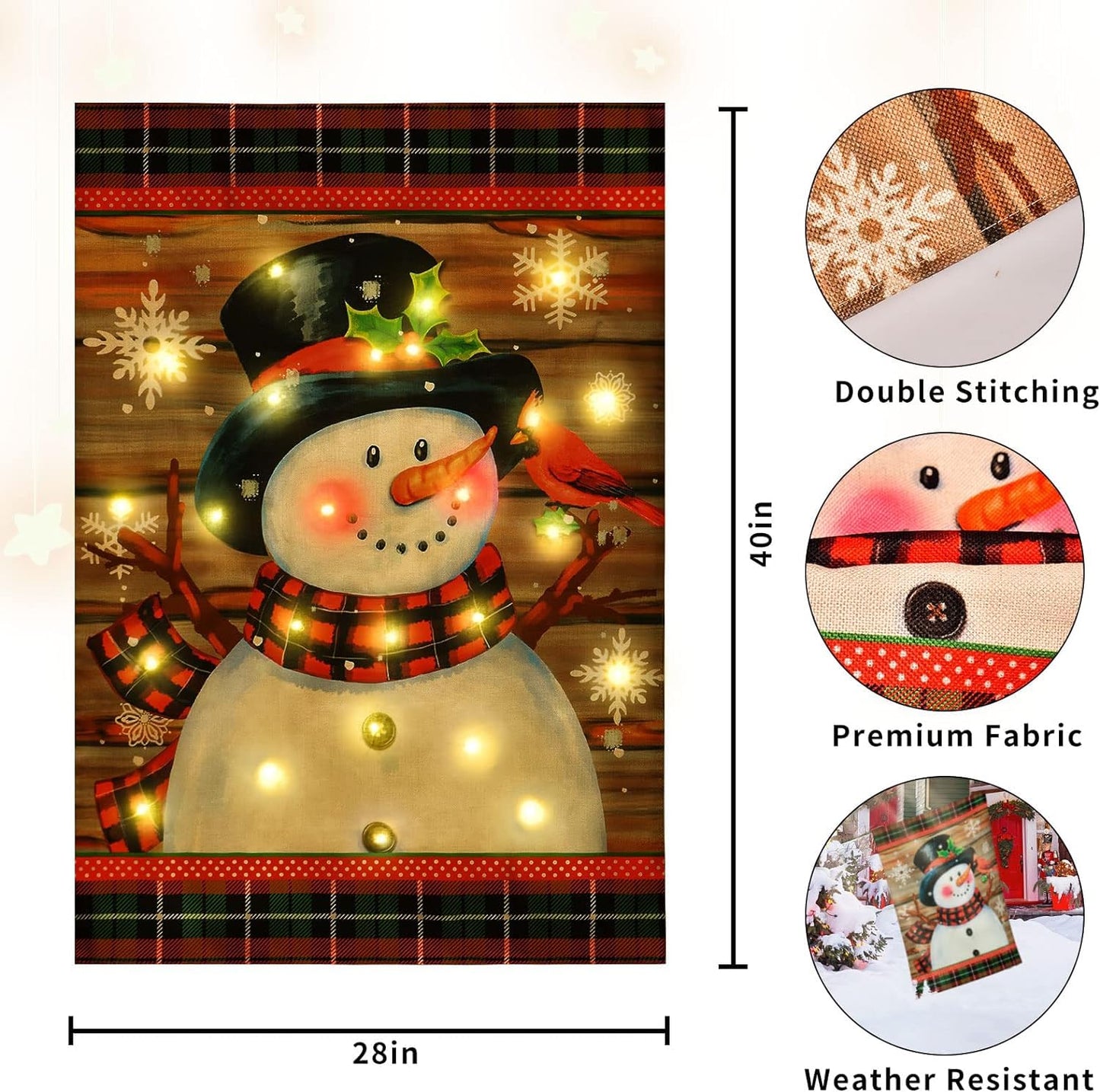 Lighted Christmas Garden Flag for Outside, Led Snowman Garden Flag, Winter Yard Flag 28x40 Double Sided for Outdoor Yard Porch Lawn Decoration