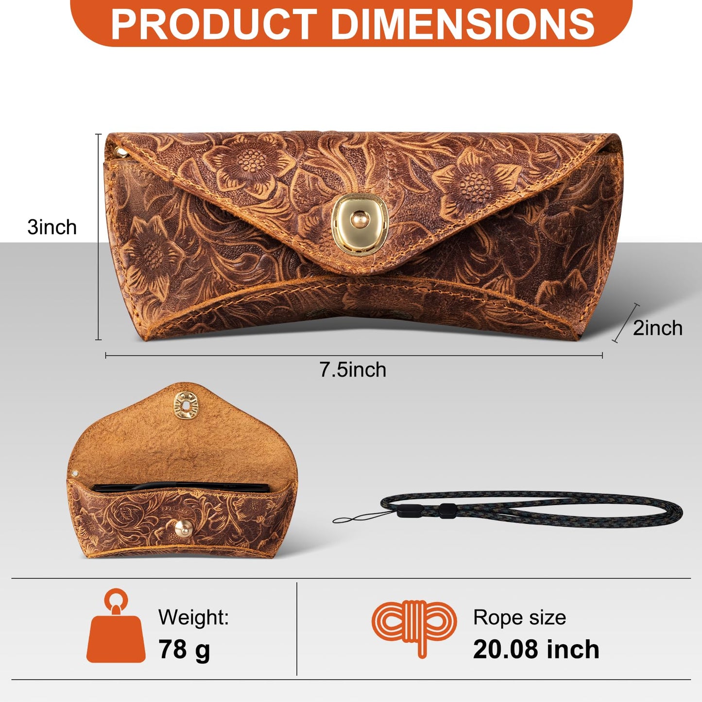 RMAWRAD Real Leather Glasses Case Handmade Cowhide Vintage in Sunglasses Nearsighted Glasses reading glasses Pouch Designed Travel Anti-Crush Lanyard for Men and Women Brown