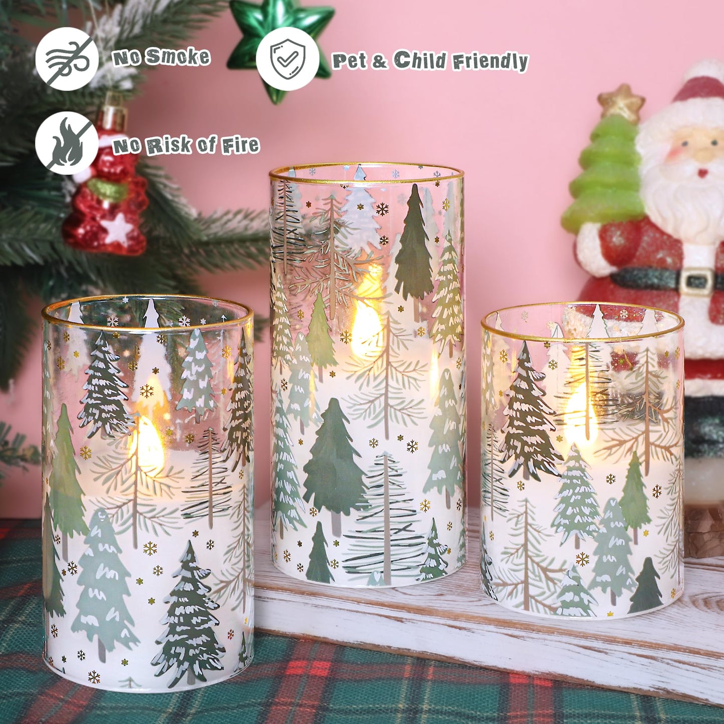 Impress Life Christmas Tree Glass Flameless Candles with Remote Battery Operated 3D Flickering LED Pillar Candles for Xmas Gift Holiday Decor, Set of 3