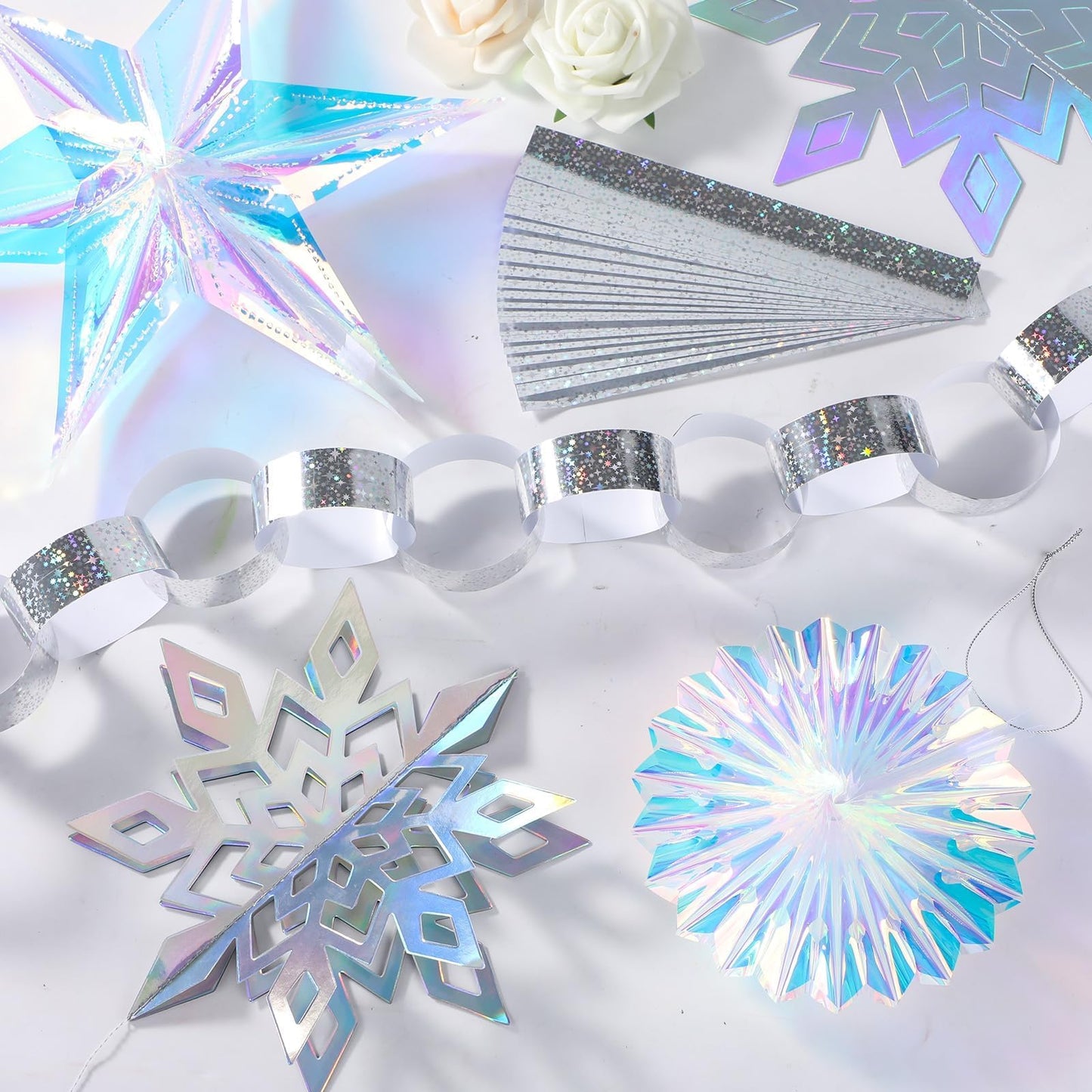 310Pcs Christmas Party Decorations Set Including 3D Iridescent Snowflakes Garland, Paper Chain Strips Craft, Hanging Paper Fans and Hexagonal Star Ornaments for Winter Wonderland Xmas Holiday Decor
