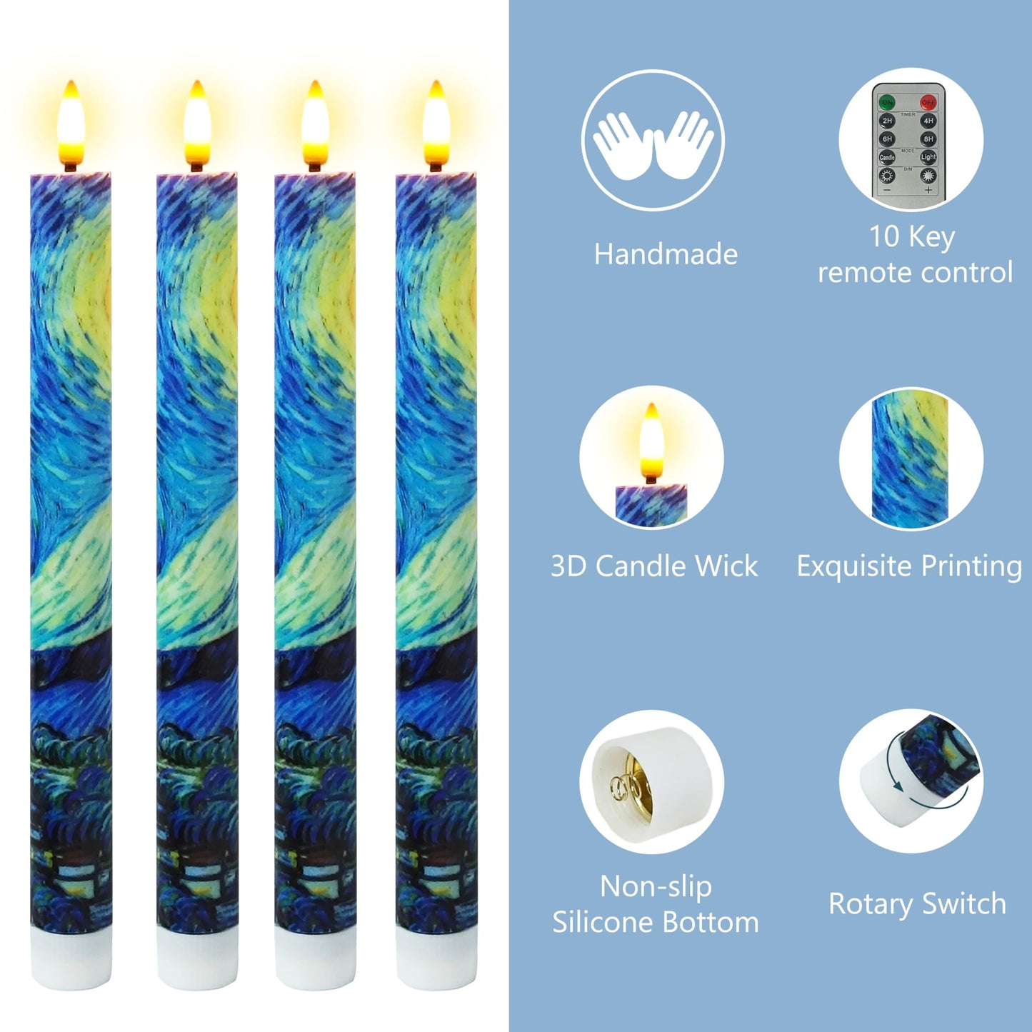 SEUCRWAX 10 Inch Flameless Taper Candles,LED Candlesticks Battery Operated with 10-Key Remote and Timer,4p Flame Lights for Wedding Decoration Party(Starry Sky)