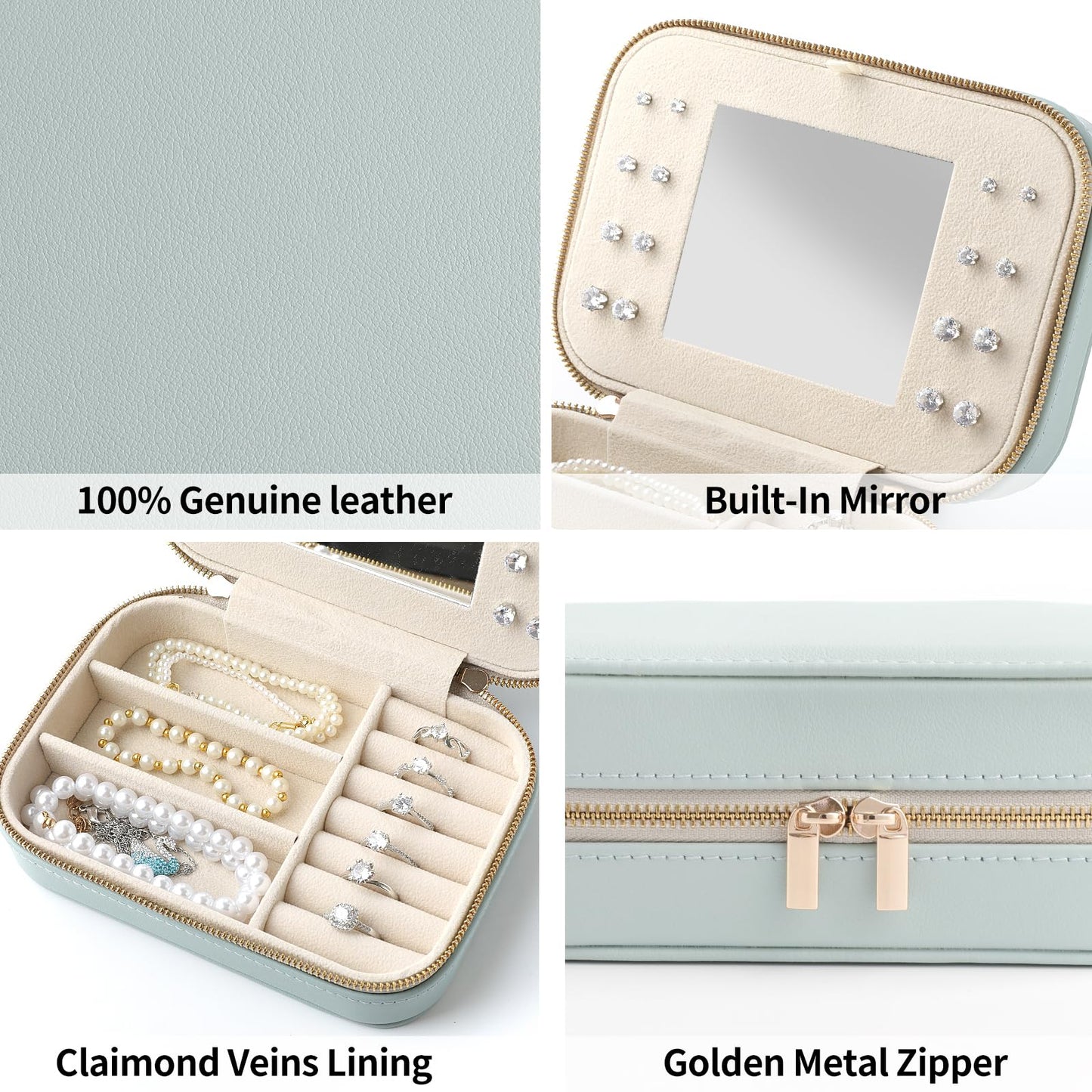 NGVRC Genuine Leather Travel Jewelry Organizer Case with Mirror for Women, Small Mini Portable Jewelry Box for Ring Earrings Necklace Bracelet Luxury Gift for Women（Cyan）