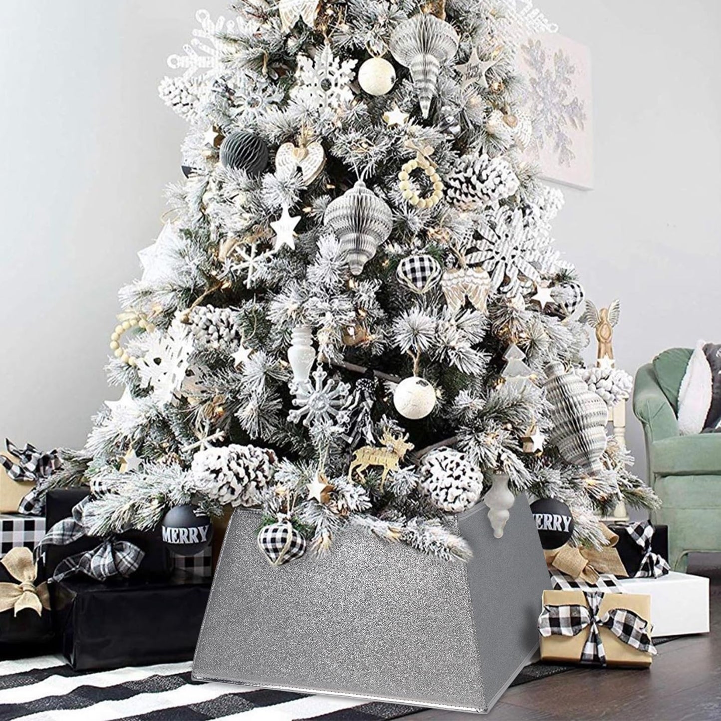 Blissun Fabric Christmas Collar, Square Christmas Ring, Glittering Willow Skirt for Tree Decorations (Glitter Silver)