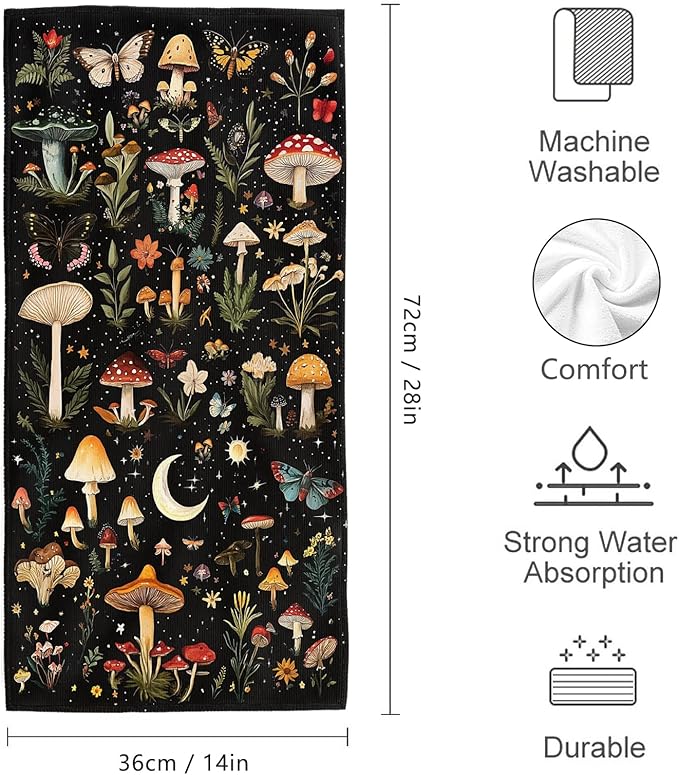 Mushroom Moth Hand Towels for Bathroom Set of 2, Witchy Gifts for Women, Absorbent Black Decorative Bath Towels for Spa Yoga Gym Sport Farmhouse Kitchen Mushroom Bathroom Decor 14"x28"