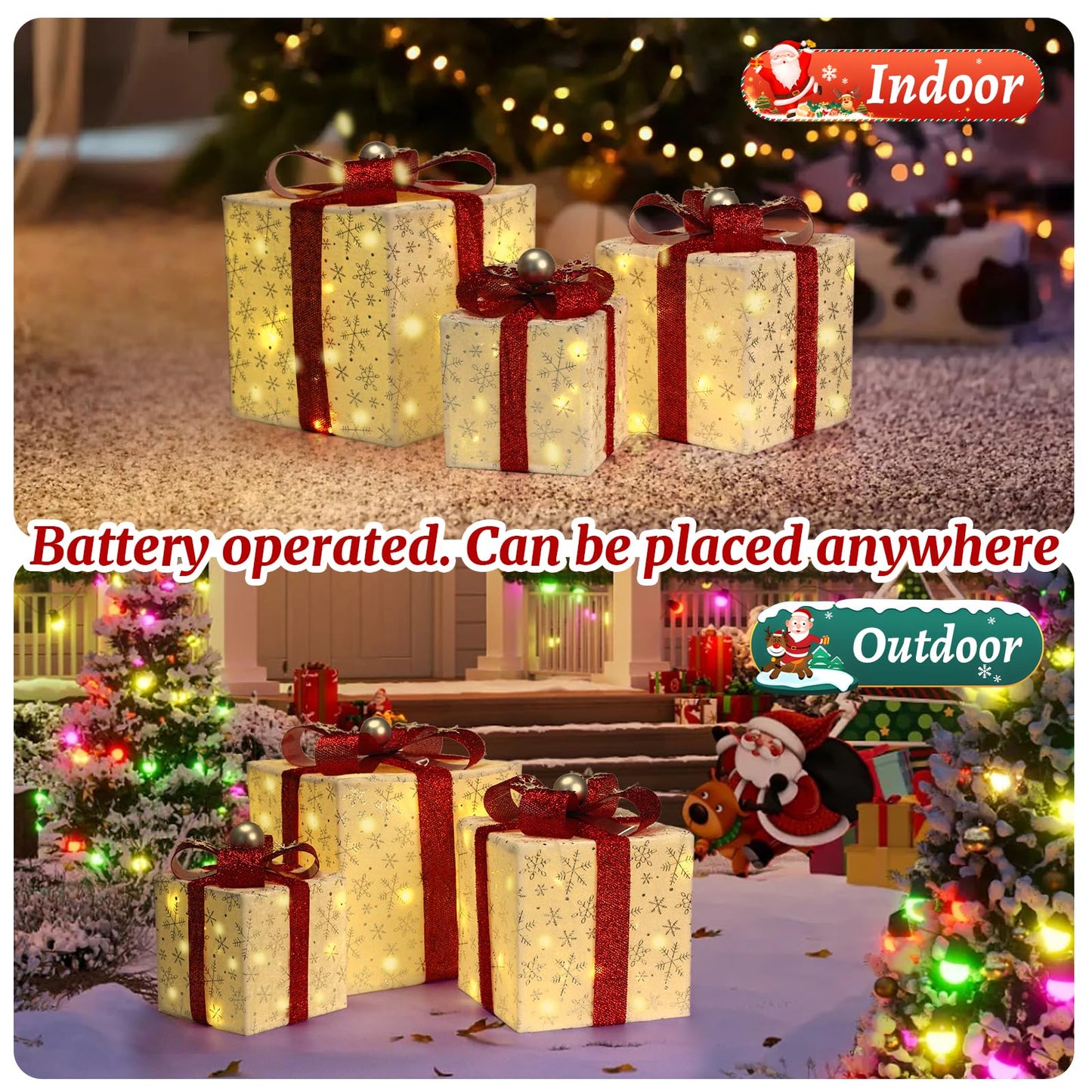 Set of 3 Christmas Lighted Gift Boxes, 60 LED Christmas Lighted Gift Boxes, Presents Box with Silver Christma Ball Ornaments for Xmas Tree, Yard, Home, Indoor Outdoor Holiday Decor