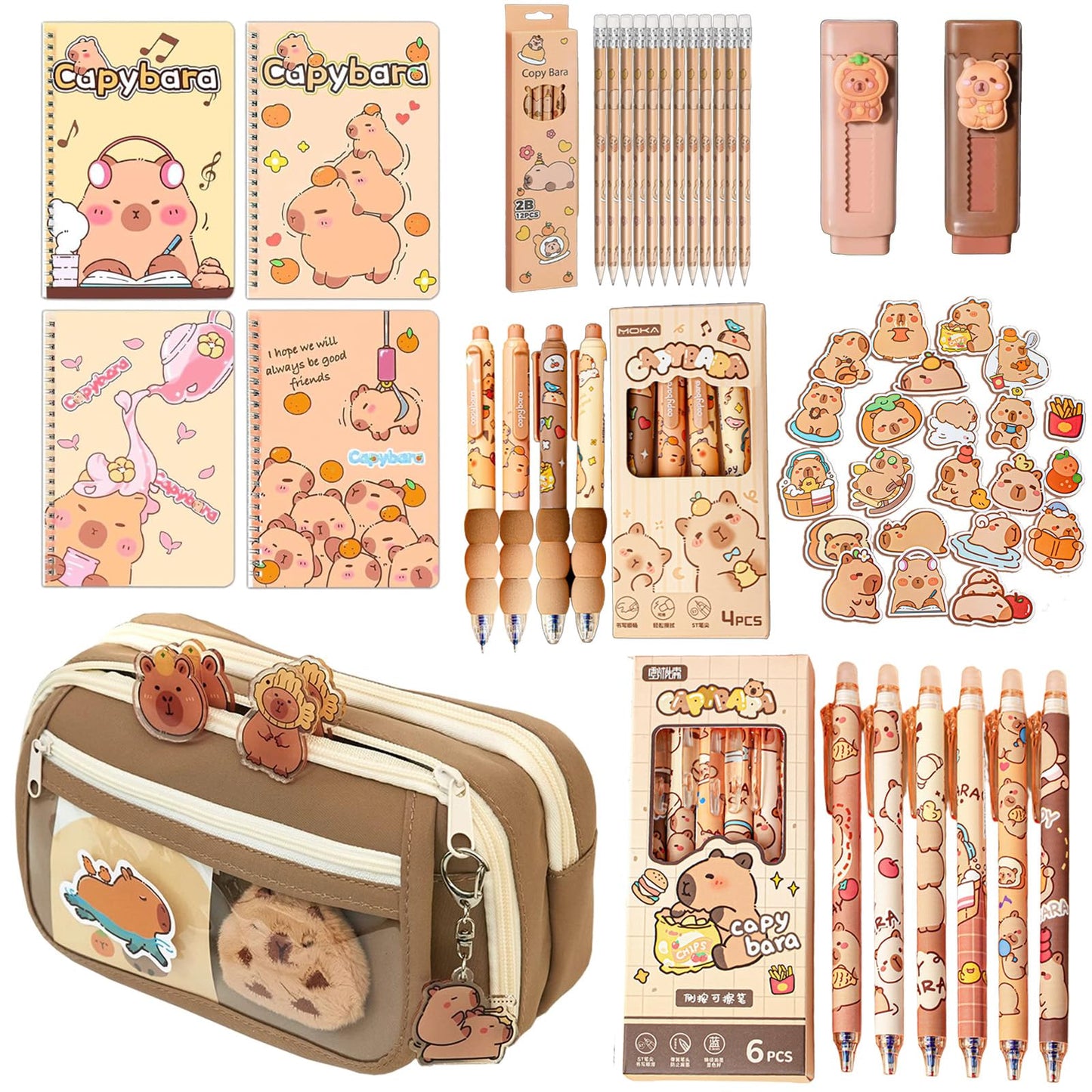 Cute Capybara Stationery Set - Large Pencil Case, 4 A5 Spiral Notebooks, 10 Ballpoint Pens (2 Styles), 12 Pencils, 2 Erasers - Perfect Back-to-School Essentials and Birthday Gift for Kids (Capybara)
