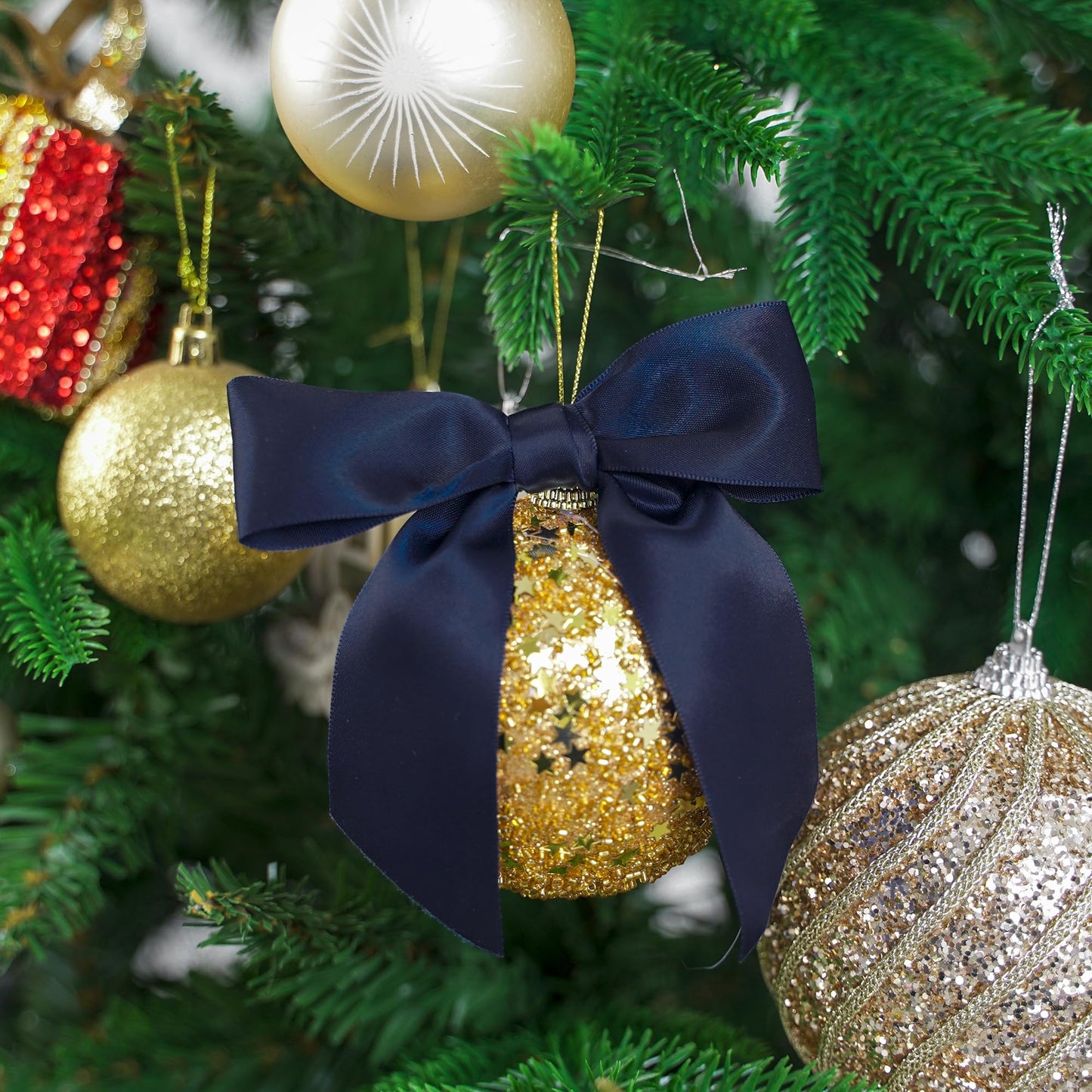 AIMUDI Navy Satin Ribbon Twist Tie Bows for Treat Bags 4.5" Pre-Tied Navy Blue Bows for Christmas Tree Blue Ribbon Bows for Crafts Premade Bows for Gift Wrapping Baby Shower Party Favors - 36 PCs