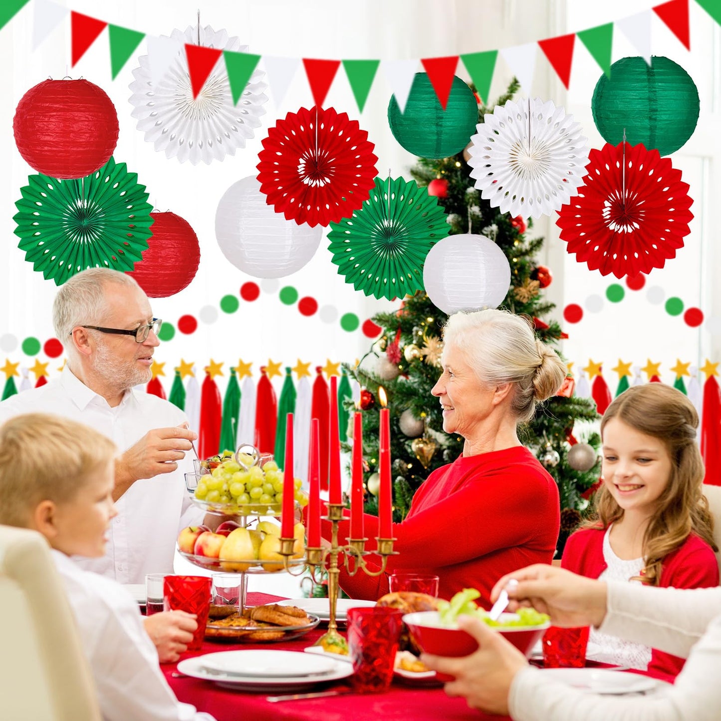 FYSUIMU 18Pcs 3D Christmas Paper Lantemm Decoration Garland Set Red Green White Hanging Buntina Banner paper Fans Tassel for Xmas Holiday Party decor