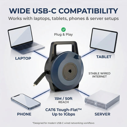 EXTNGO USB-C (Type-C) to Ethernet Cable Reel, 50Ft (15M) CAT6 Tough-Flat™, Up to 1 Gbps, Plug & Play, Truck-Pass Safe, Retractable Cable for Temporary Setups