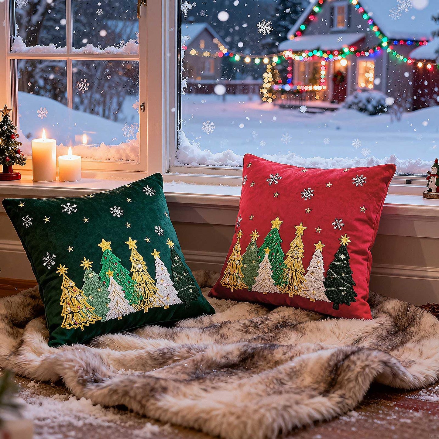 Lanpn 18x18 Christmas Pillow Covers Set of 2, Embroidery Cute Christmas Tree Decorative Holiday Pillowcase Pillow Case Cushion 18 x 18 for Indoor Home Bedroom Sofa Couch Xmas Decor