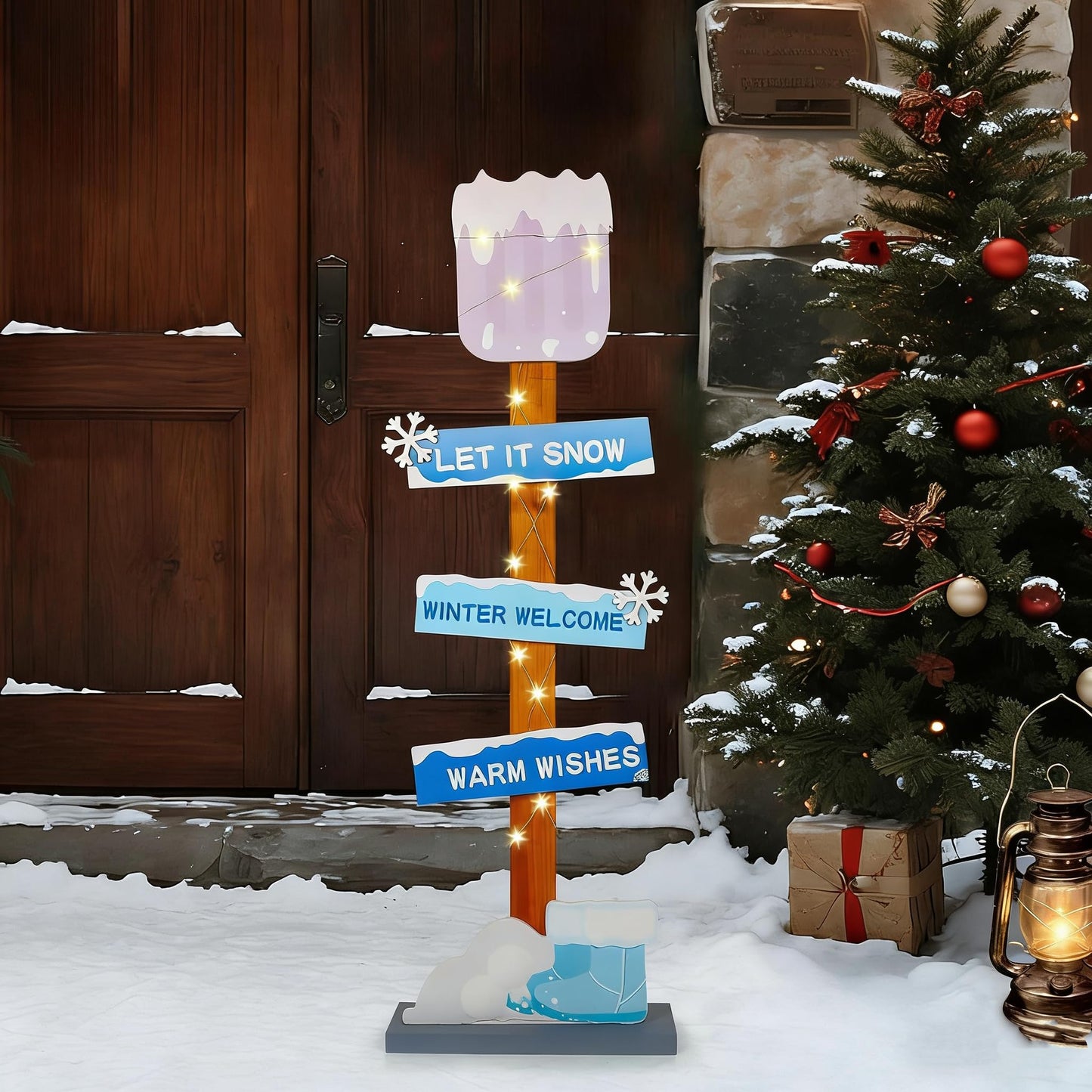Lighted Wooden Christmas Porch Sign | Let It Snow Winter Welcome Porch Decor |Xmas Hat Gloves Candy Cane Wood Signs for Winter Wonderland Bule Christmas Decorations