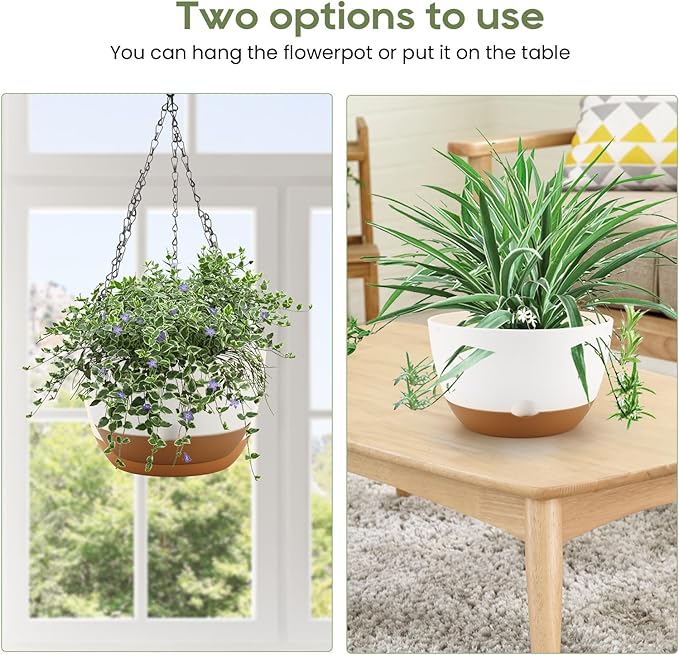 10 Inch Hanging Planter, 2 Pack Hanging Plastic Plant Self Watering Pot with Drainage Holes and Saucers, Hanging Baskets Flower Pots for Indoor Outdoor Garden Plants and Flowers-White