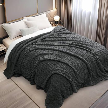 PHF Fluffy Sherpa Blanket King Size for Winter, Warm and Soft, 510GSM 3D Jacquard Thick Shaggy Fleece Plush Blanket for Sofa Bed, Dark Grey, 108"x90"