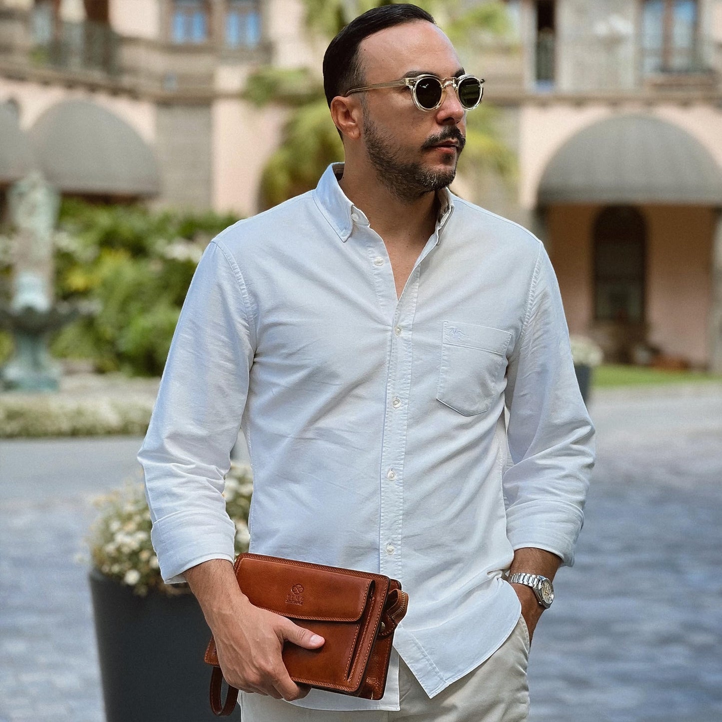Time Resistance Leather Clutch for Men - Organizer Wrist Bag Briefcase - Handmade in Italy (Cognac Brown) - Gift Box Included