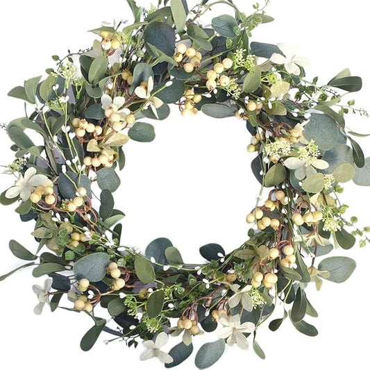 Bibelot 20Inch Artificial Eucalyptus Berry Wreath Green Leaf Eucalyptus Wreaths Spring Summer Wreath for Front Door Window Hanging Wall Party Decorations (20in)