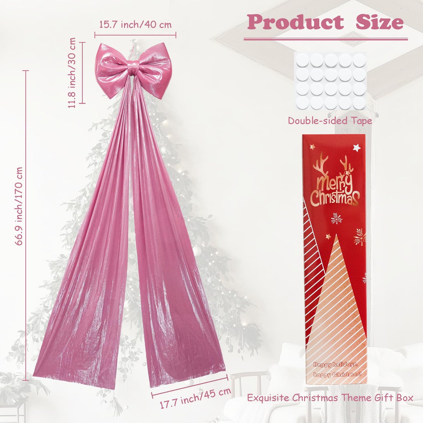 Hismir Christmas Tree Topper Bow，67x16 Inch Extra Large Room Decor Ribbon Bow for Wedding Engagement Birthday Party，Giant Xmas Bow Decorations for Home Wreath Door Wall(Pink)