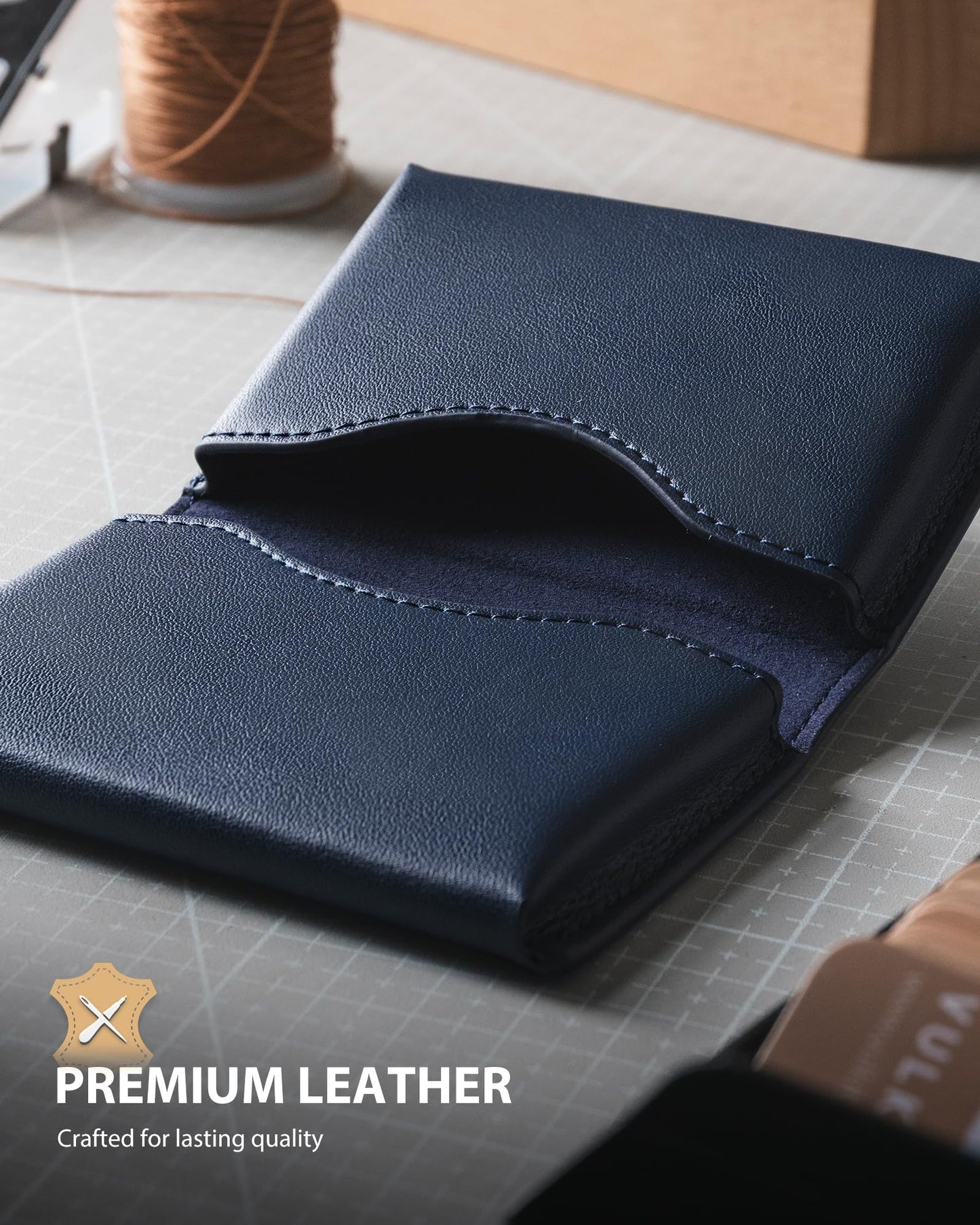 VULKIT Leather Business Card Holder, RFID Blocking, Magnetic Closure, 2 Big Slots Holds up to 40 Cards, Navy Blue