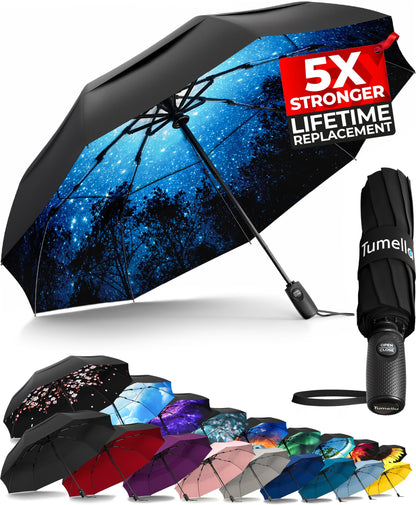 TUMELLA Strongest Windproof Travel Umbrella (Compact, Superior & Beautiful), Small Strong but Light Portable and Automatic Folding Rain Umbrella, Durable Premium Grip, Fits Car and Backpack