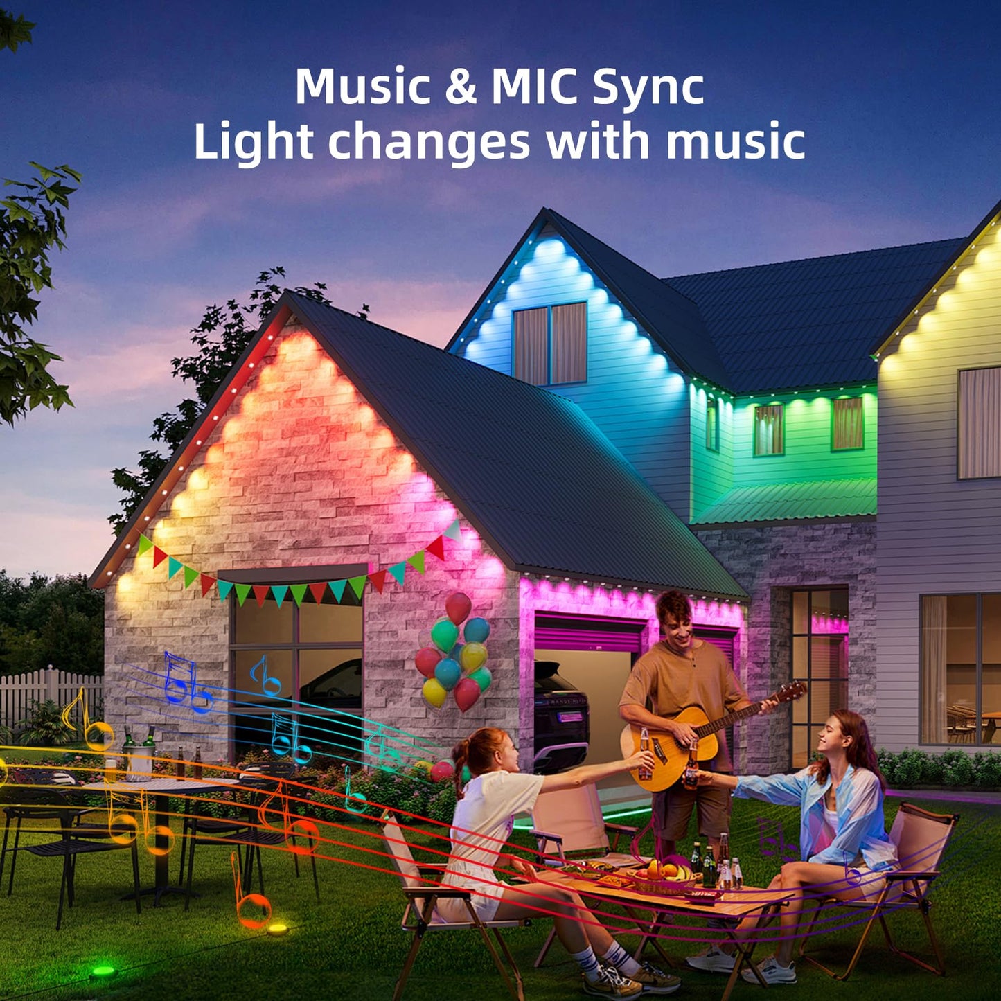 Qeeanmo Permanent Outdoor Lights for House, 120ft Smart RGB+IC Eave Light with APP & Remote Control, DIY Modes,IP67 LED Roof Lights for Holiday, Christmas, Halloween, Party Decor