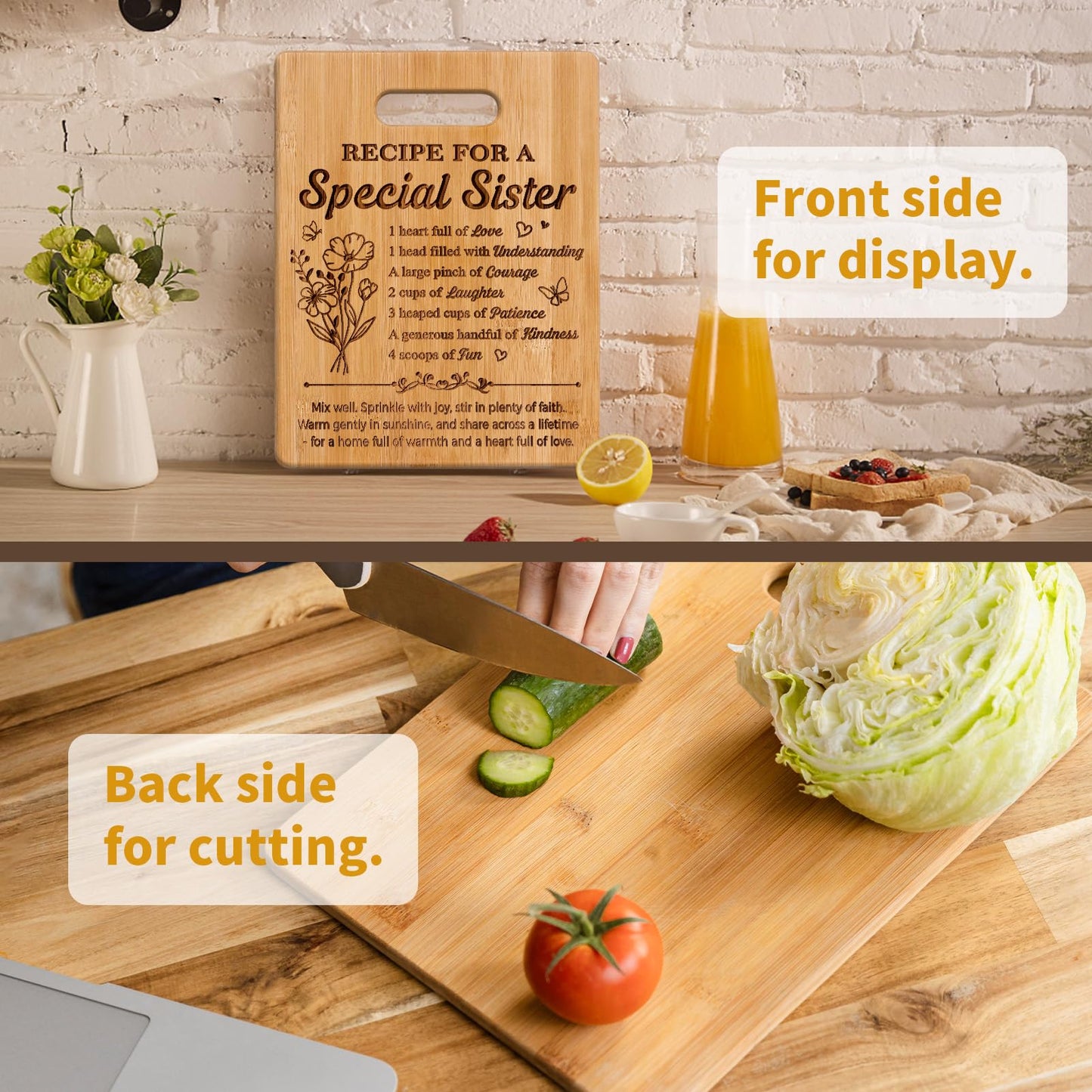 Pandasch Sister Gifts, 11x8.5inch Engraved Bamboo Cutting Board, Unique Birthday Gifts for Sister, Christmas Valentines Day Present for Sisters