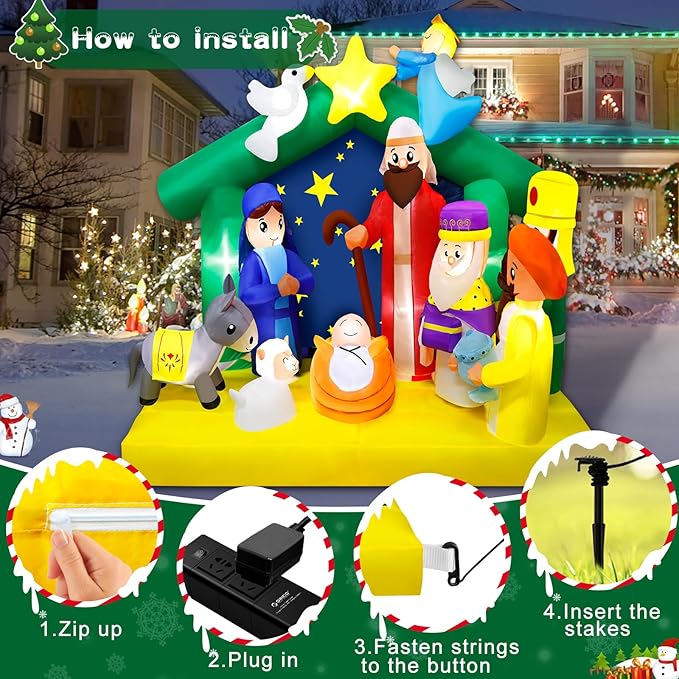 6.5FT Christmas Inflatables Nativity Scene Outdoor Decorations The Birth of Jesus Scene Christmas Blow ups Built in LED Lights Inflatable Christmas Decorations for Garden Lawn Patio