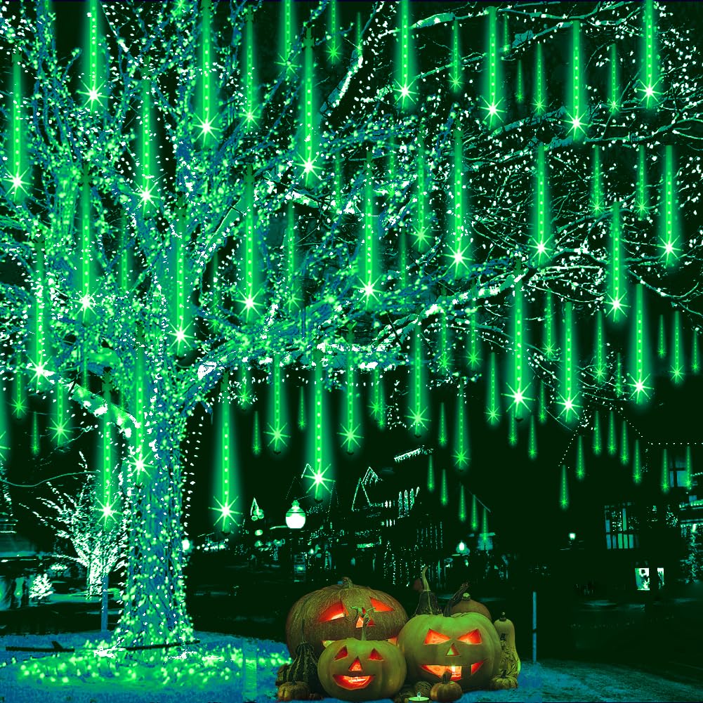 Weepong Halloween Lights Outdoor, Meteor Shower Christmas Lights for Halloween Decorations, 8 Tube 192 LED Snow Falling Rain Icicle String Light for Xmas Christmas Decor Tree Party, UL Plug Green