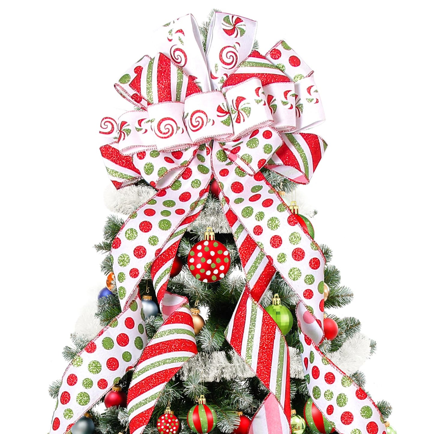 Christmas Tree Topper Wreath Bow Large Green Christmas Bow Tree Topper with Red Green Red Stripes Candy Patterned Gift Bows for Xmas Holiday Home Thanksgiving Indoor/Outdoor Decoration 52"x13"