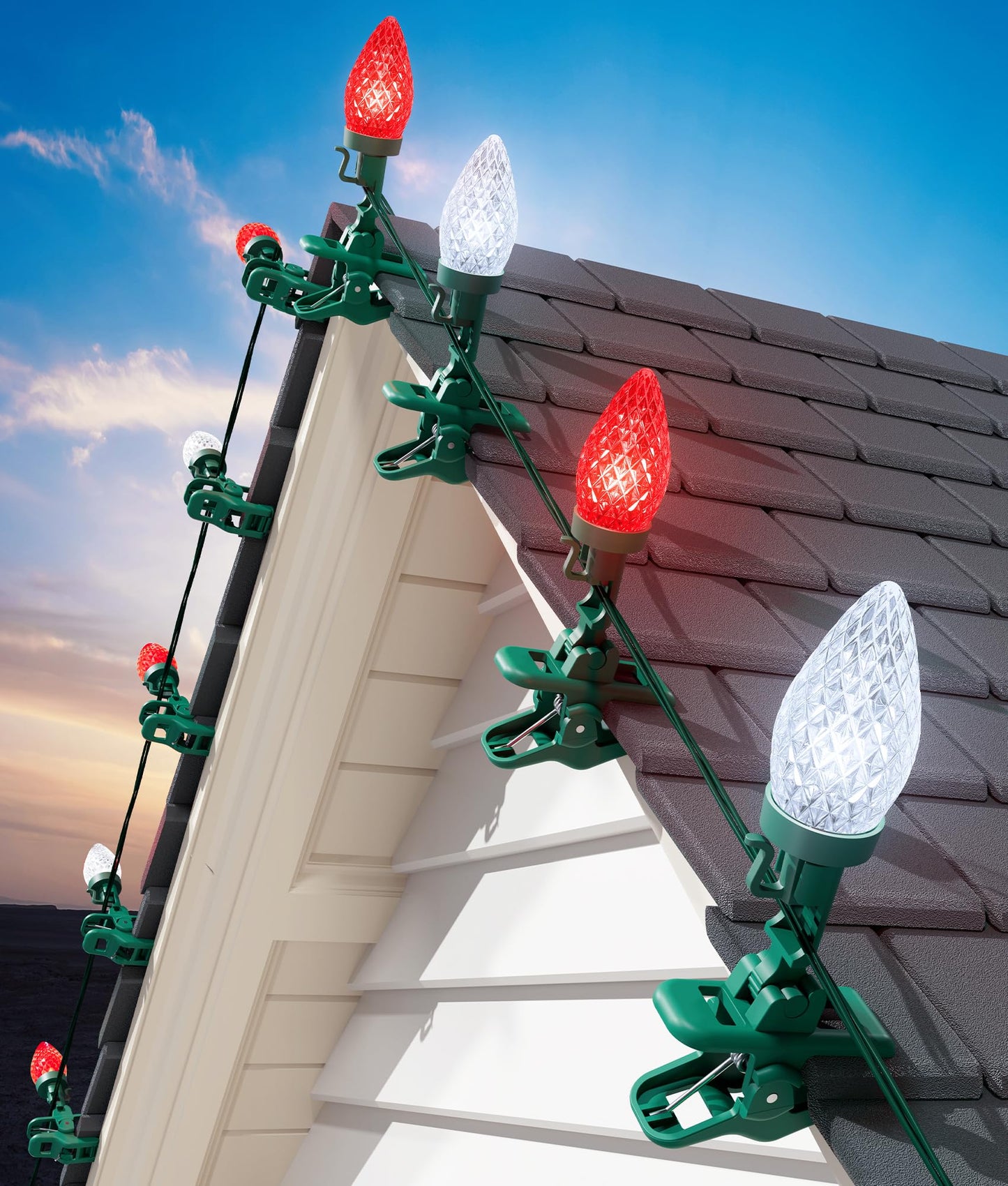 C9 LED Christmas Lights Outdoor, 99 Feet 150 LED C9 String Lights with 150 Spring Clips, Waterproof Connectable Christmas Tree Lights for Outside Roofline Patio Home Xmas Decor, Red & Pure White